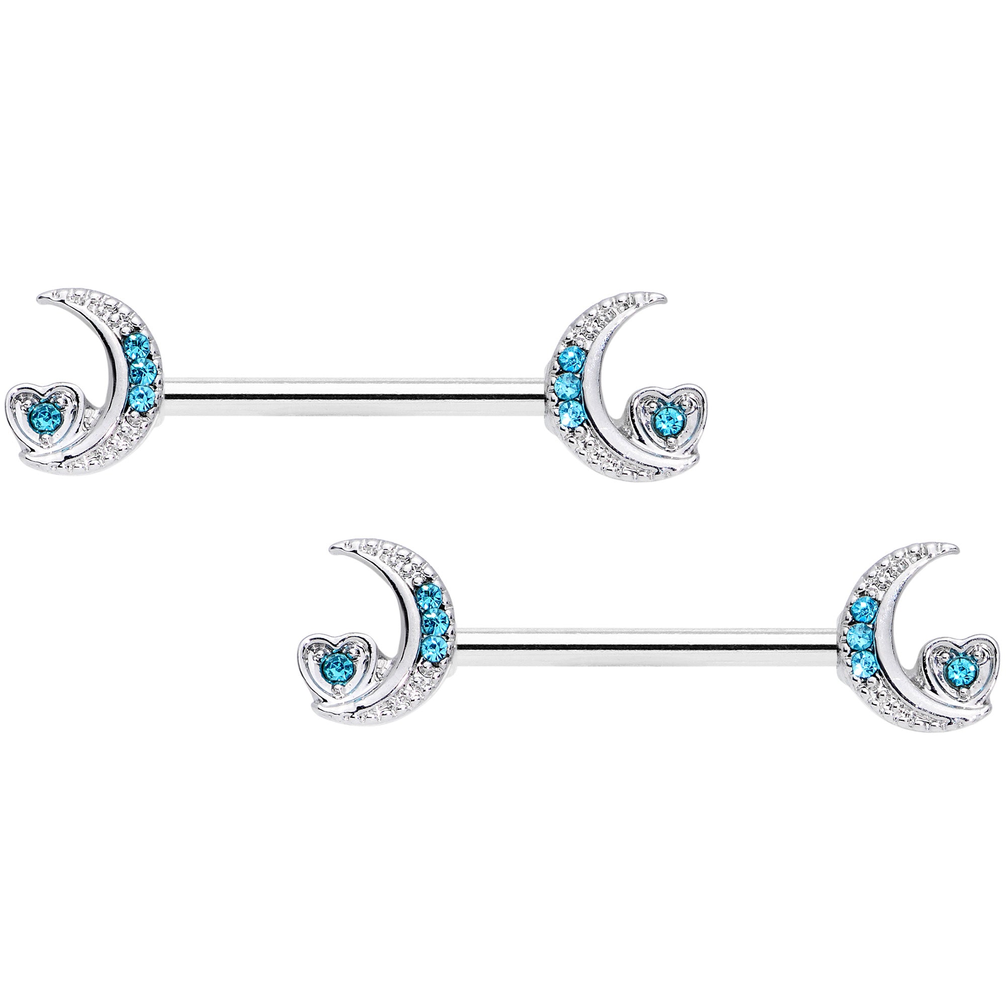 14G 9/16 Blue CZ Gem Crescent Moon Heart Barbell Nipple Ring Set