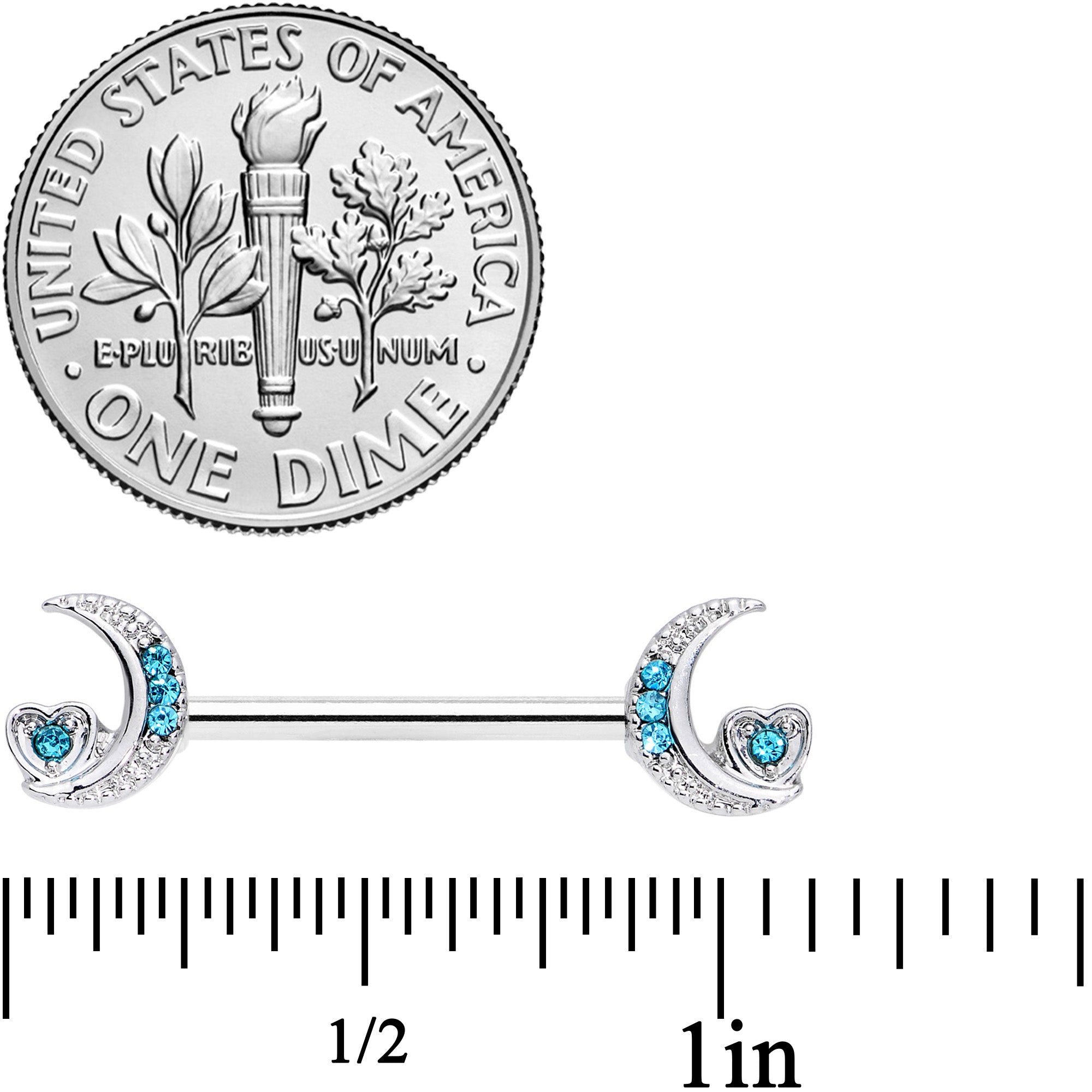 14G 9/16 Blue CZ Gem Crescent Moon Heart Barbell Nipple Ring Set