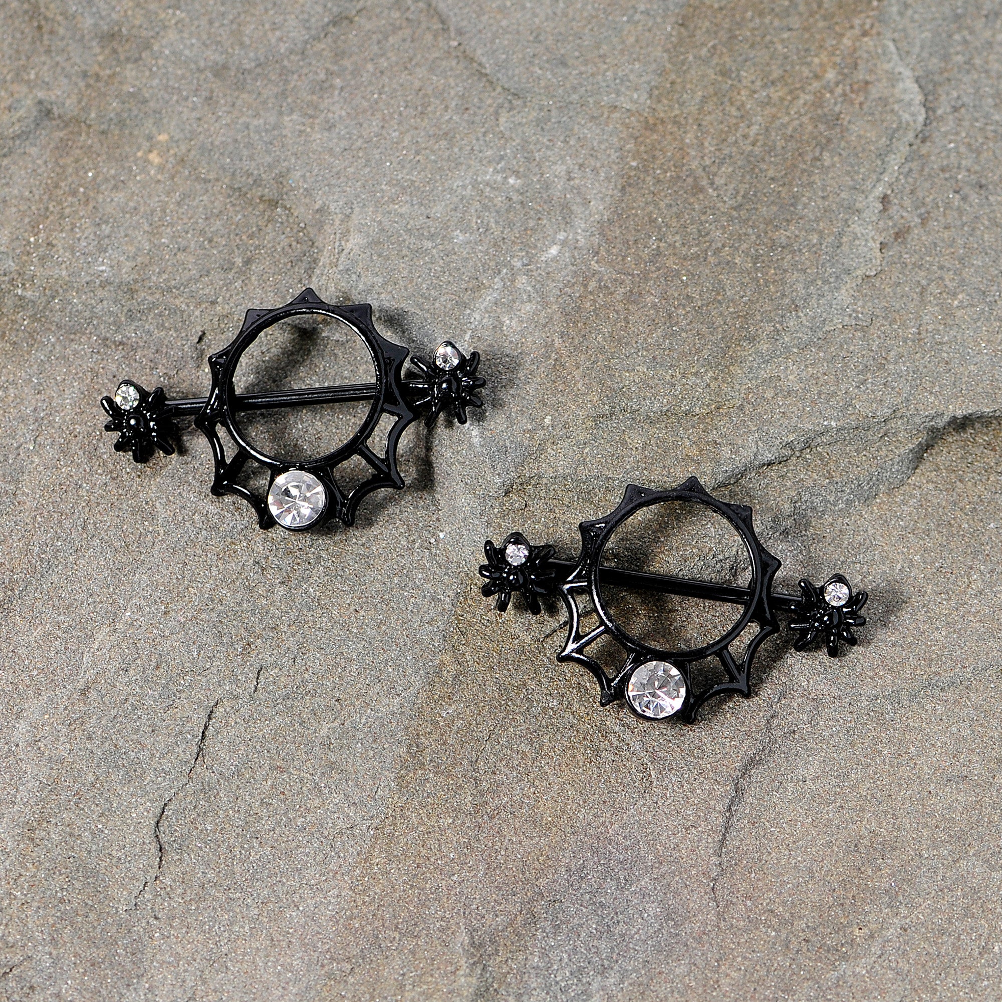 14G 24mm Clear Gem Spider Web Halloween Nipple Shield Set