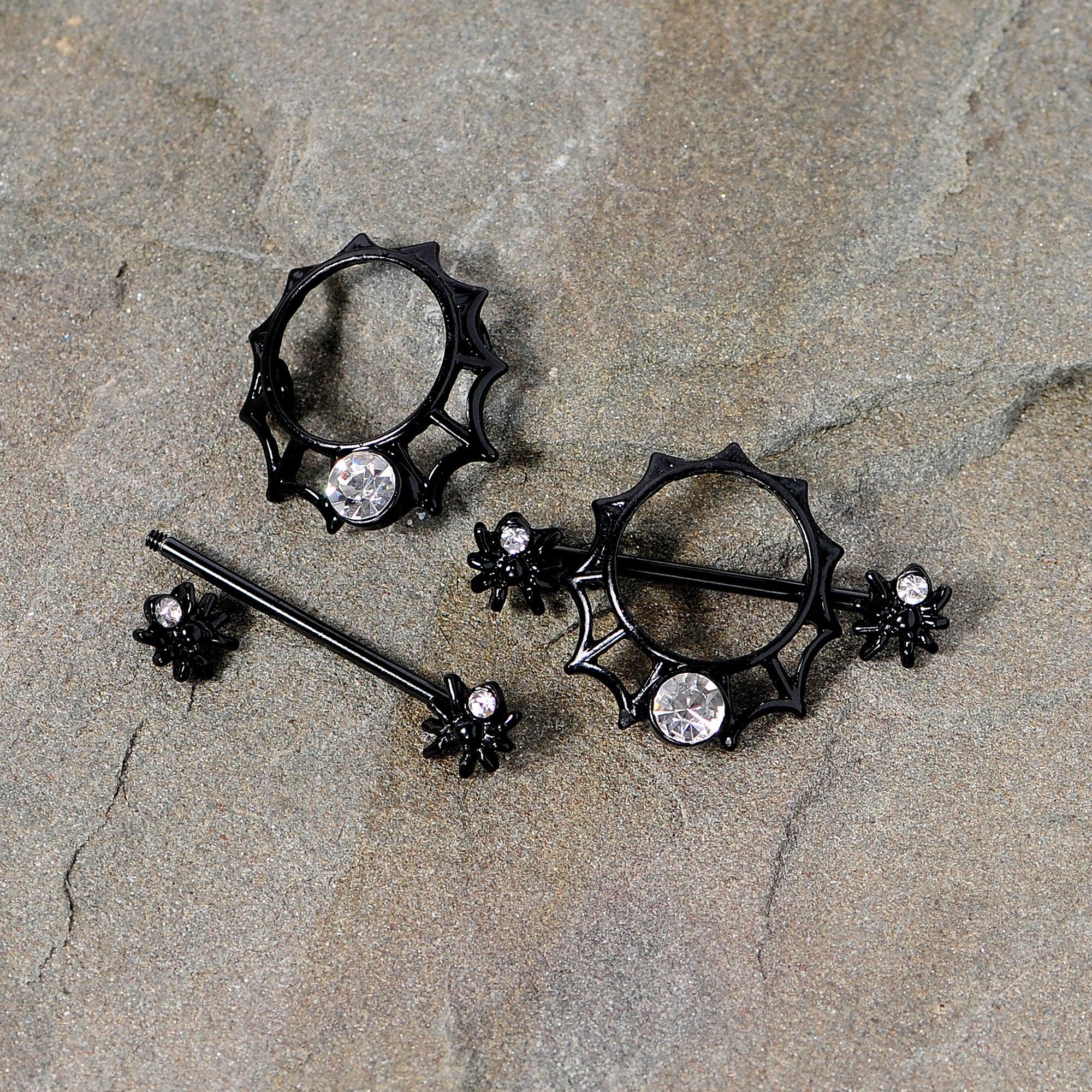 14G 24mm Clear Gem Spider Web Halloween Nipple Shield Set