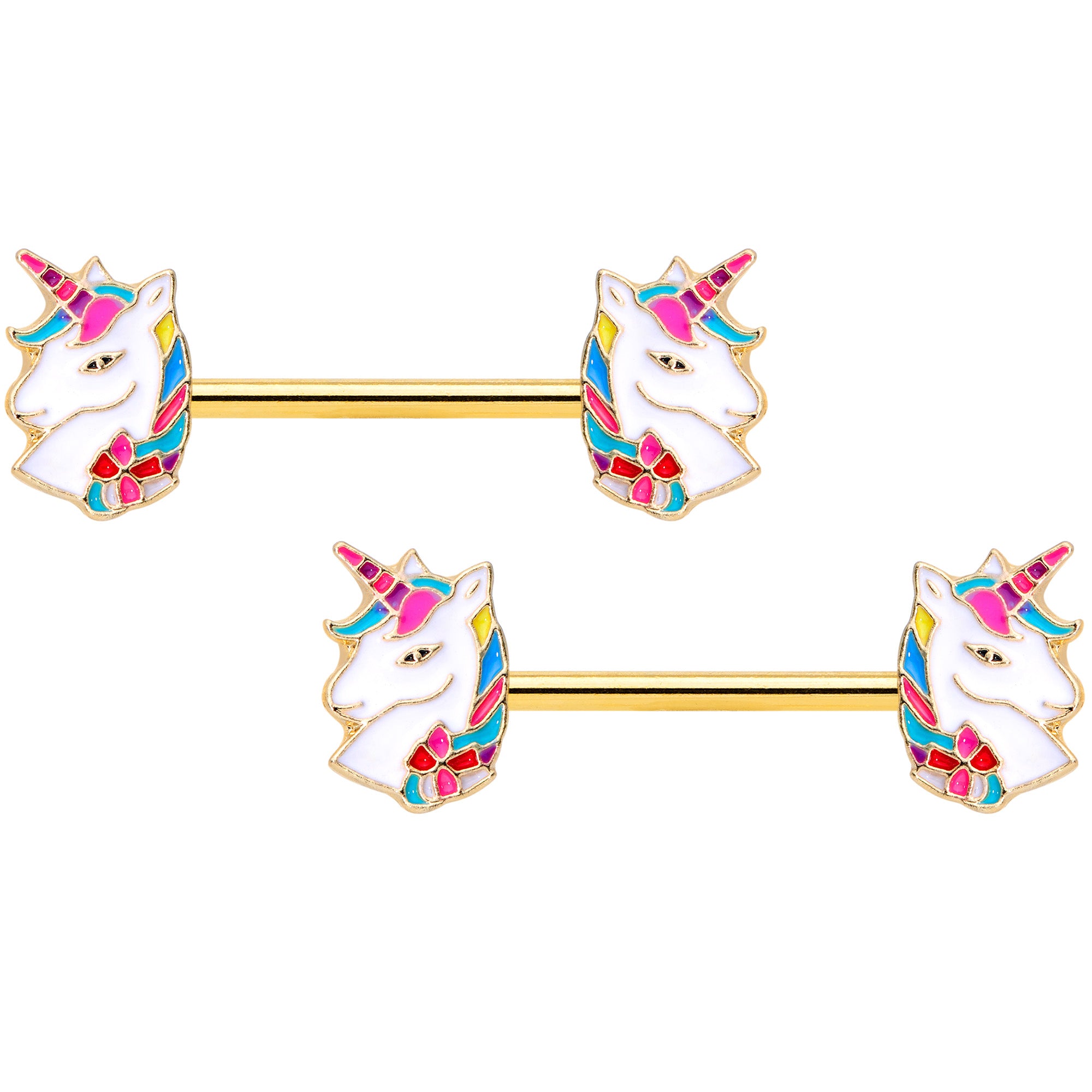 14G 9/16 Gold Tone Rainbow Unicorn Barbell Nipple Ring Set