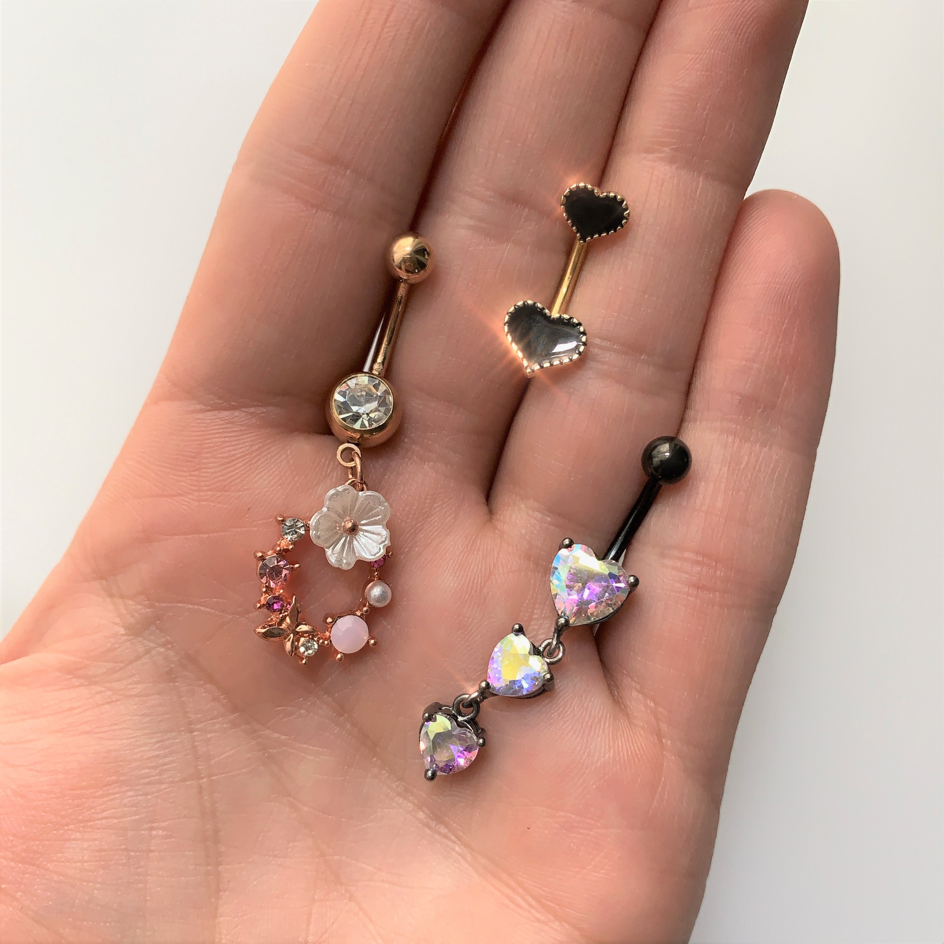 Clear Pink Gem Rose Gold Tone Wreath Flower Dangle Belly Ring