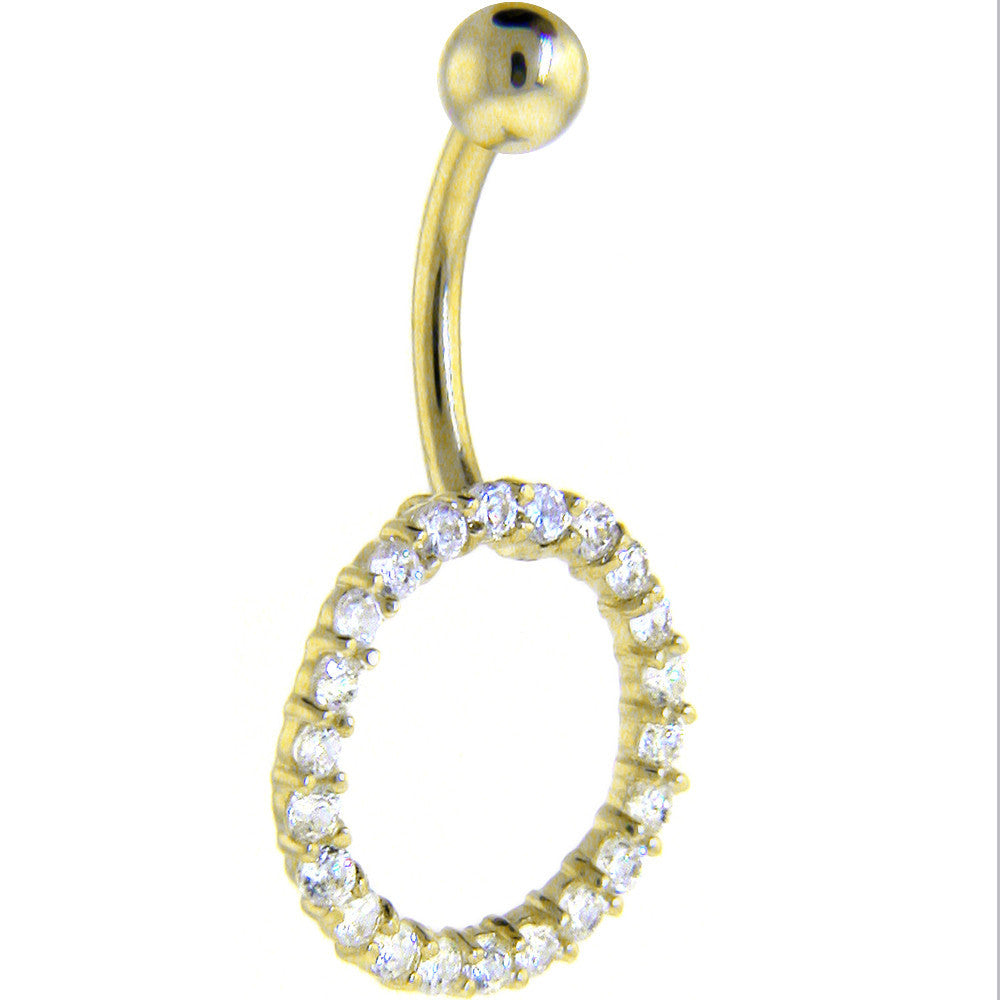 16G Solid 14k Yellow Gold Clear CZ Gem Gather Round Belly Ring