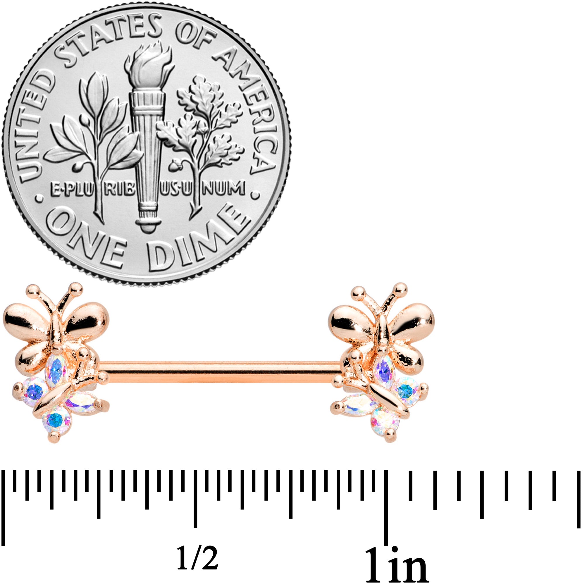 14G 5/8 Aurora CZ Gem Rose Gold Tone Butterfly Barbell Nipple Set