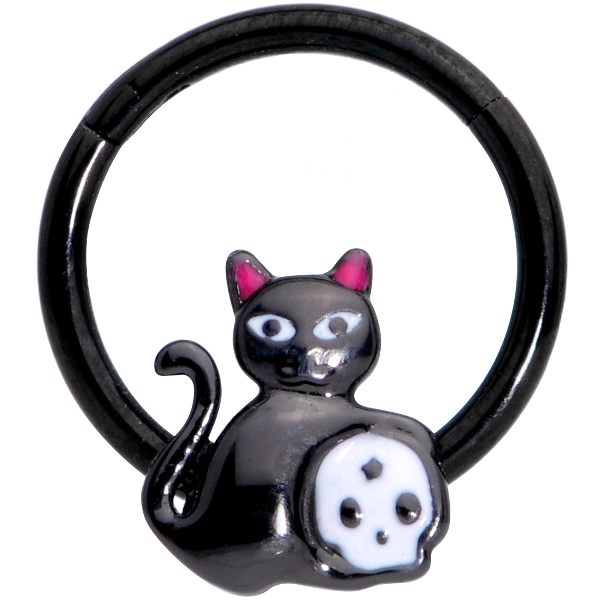 16G 3/8 Black Cat Skull Halloween Hinged Segment Ring