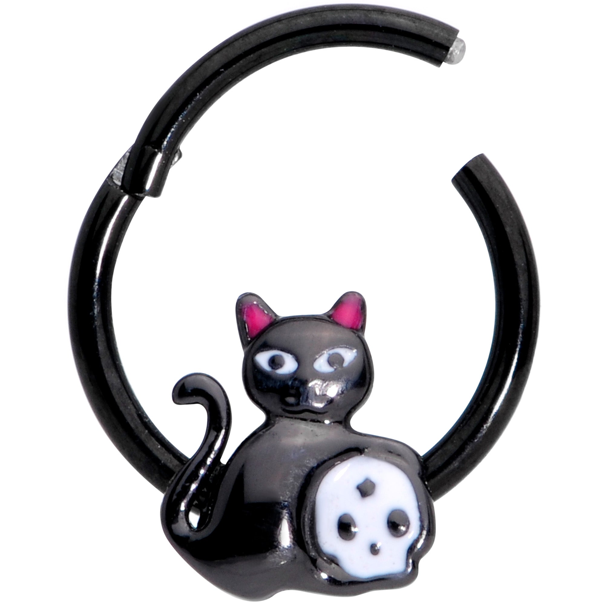 16G 3/8 Black Cat Skull Halloween Hinged Segment Ring
