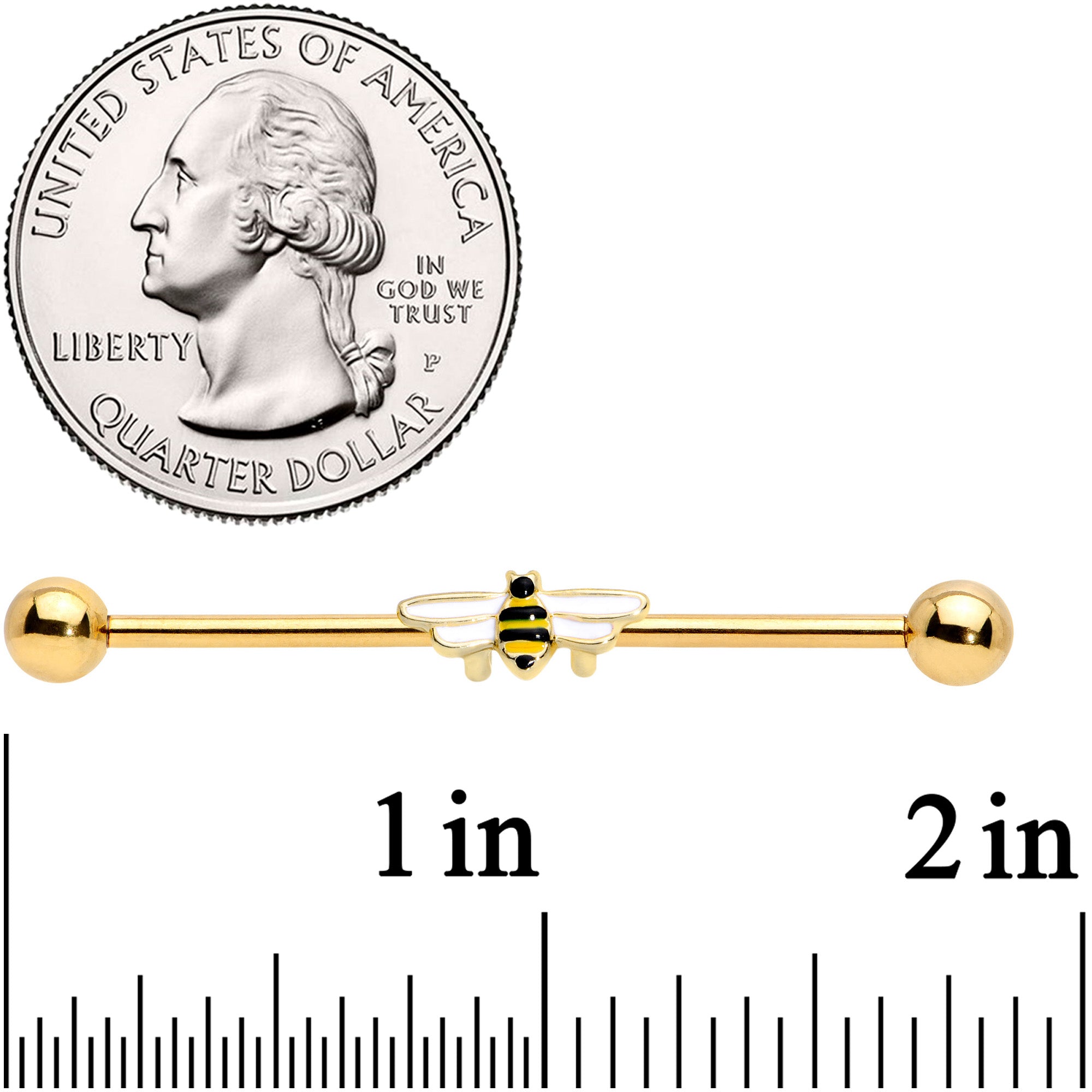 14G Gold Tone Black White Striped Bee Industrial Barbell 38mm