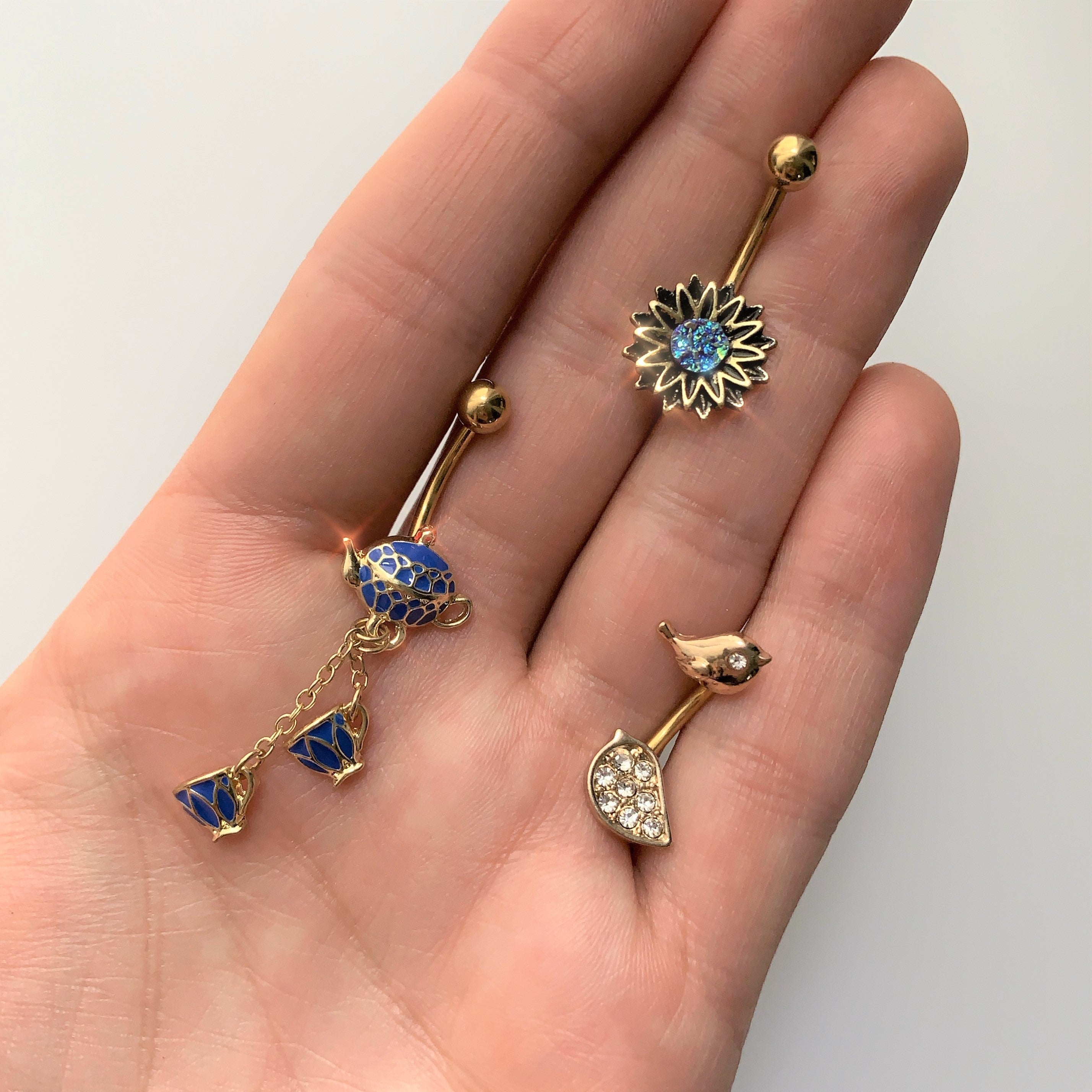 Gold Tone Blue Teacups Teapot Dangle Belly Ring