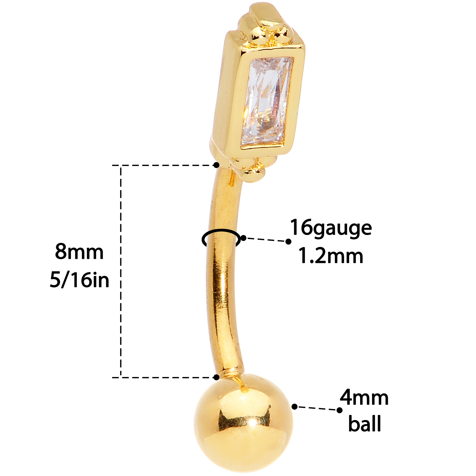 16G 5/16 Clear CZ Gem Gold Tone Rectangle Curved Eyebrow Ring