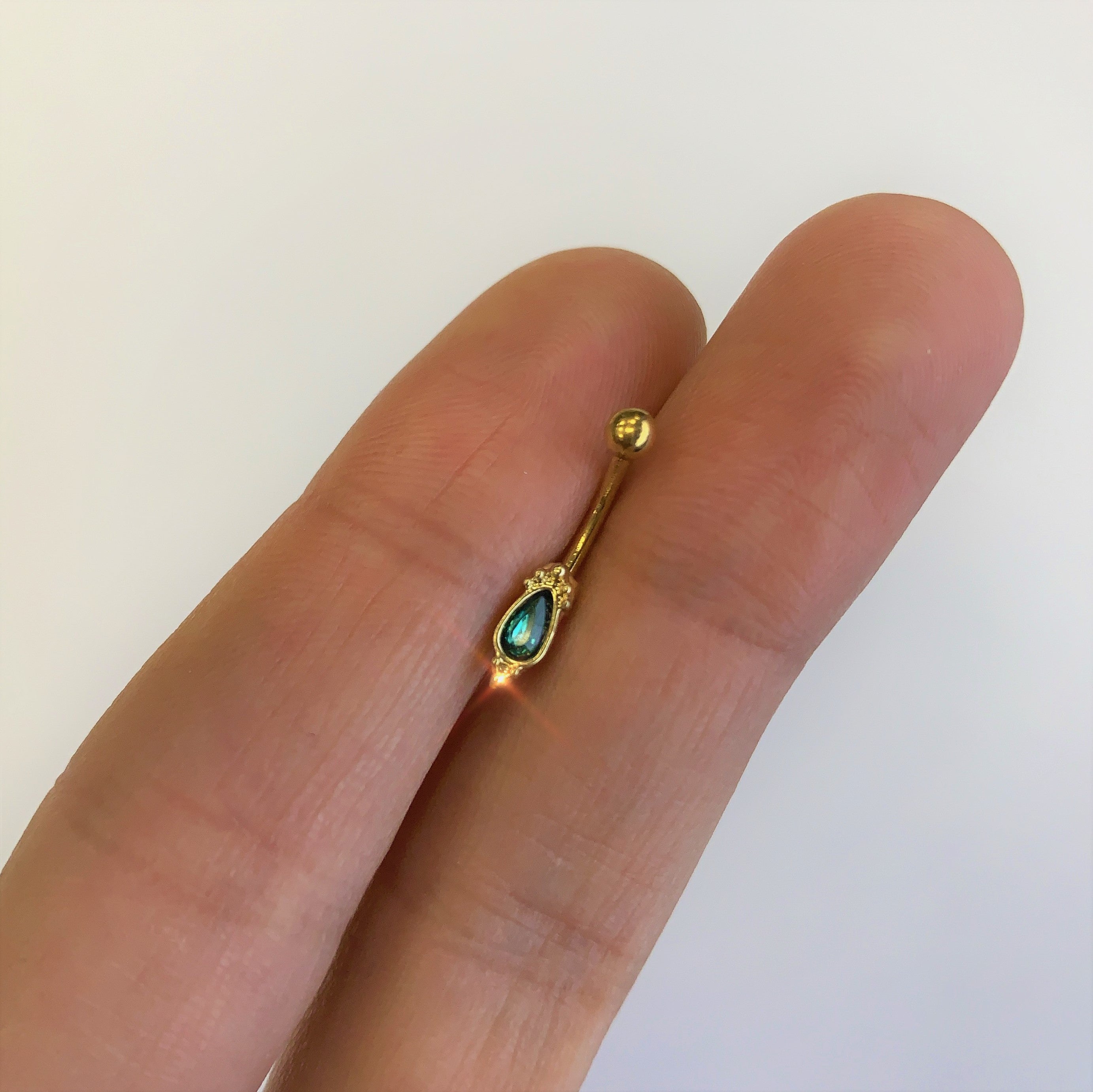 16G 5/16 Green Gem Gold Tone Regal Drop Curved Eyebrow Ring