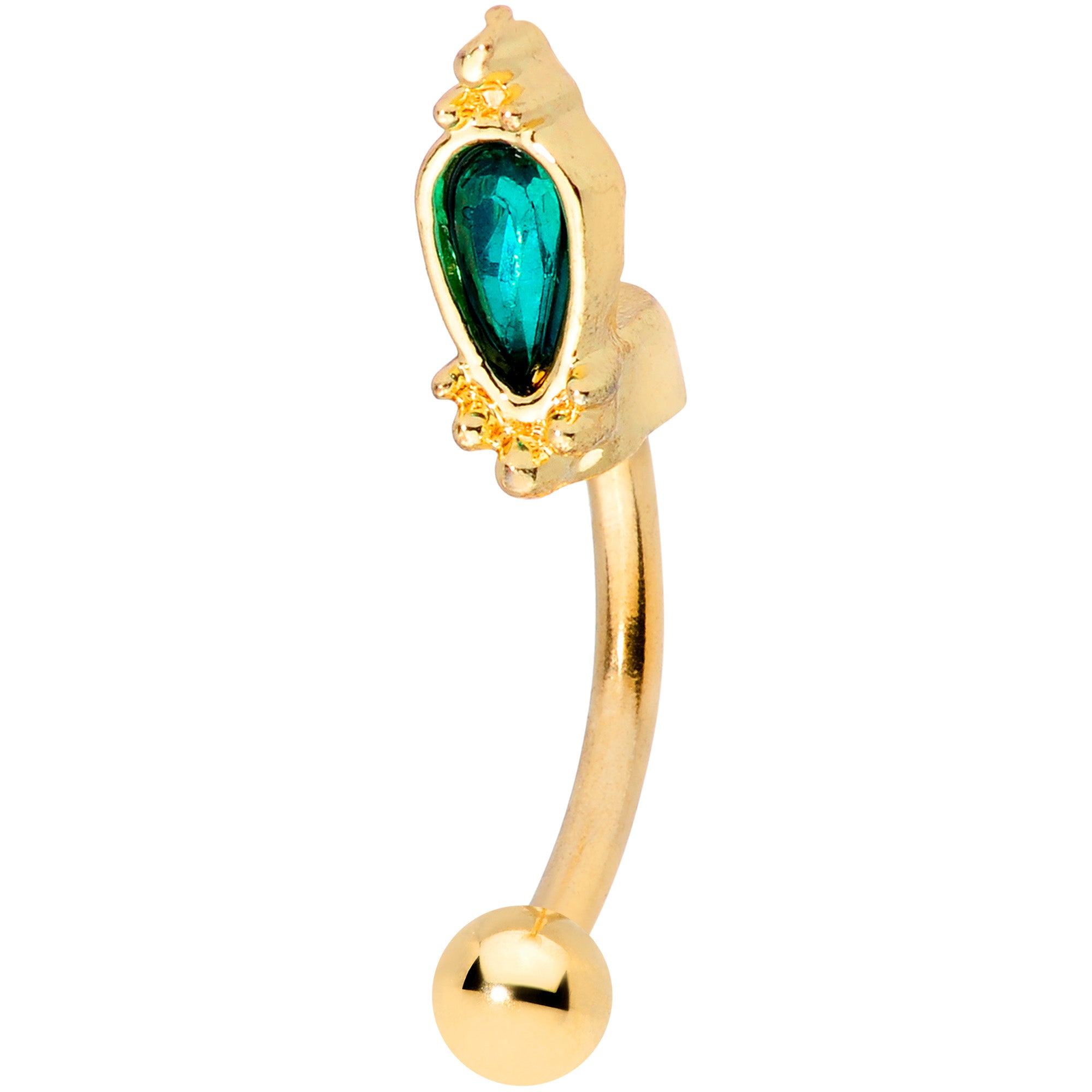 16G 5/16 Green Gem Gold Tone Regal Drop Curved Eyebrow Ring