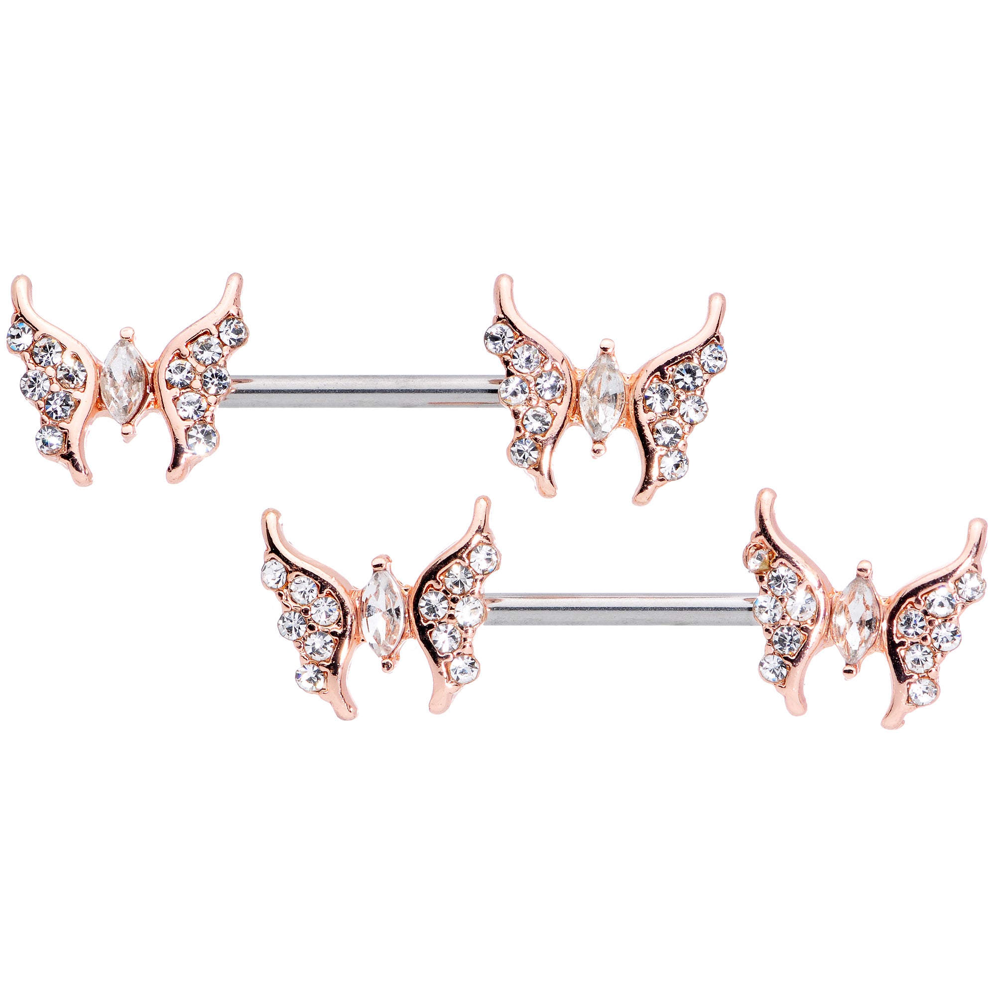 14G Clear CZ Gem Rose Gold Hue Drama Butterfly Barbell Nipple Ring Set