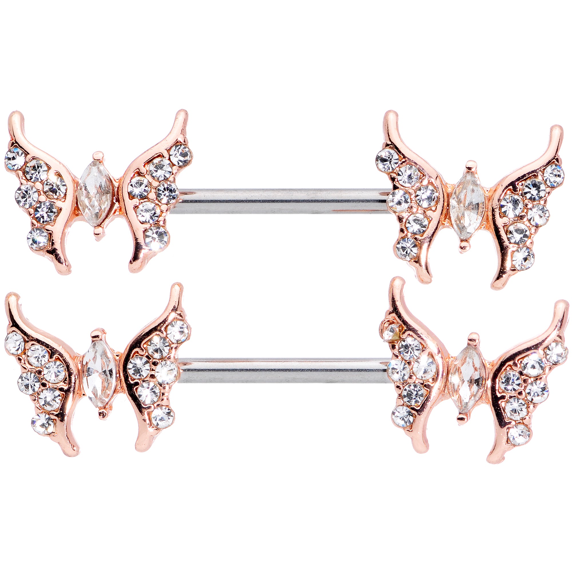14G Clear CZ Gem Rose Gold Hue Drama Butterfly Barbell Nipple Ring Set