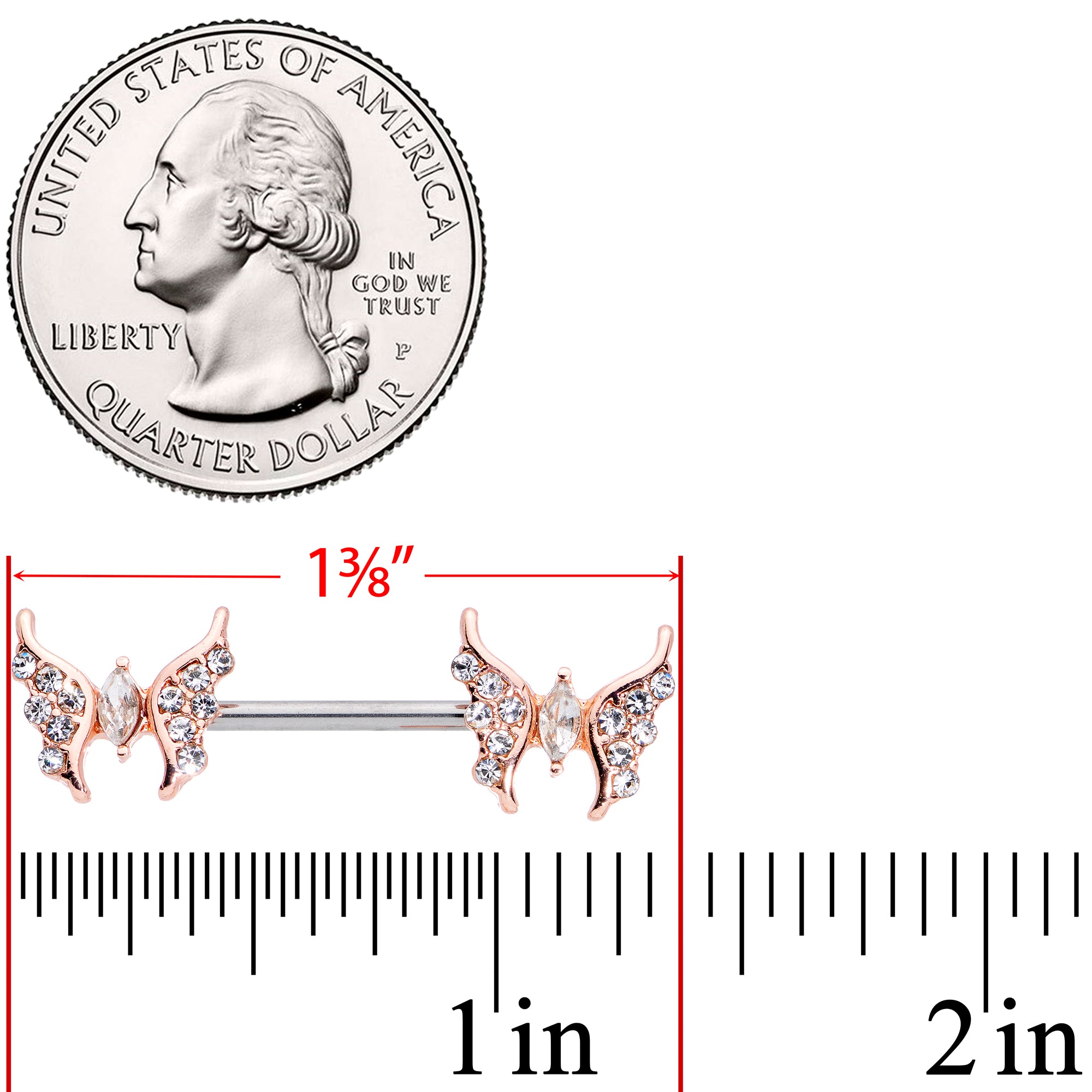 14G Clear CZ Gem Rose Gold Hue Drama Butterfly Barbell Nipple Ring Set