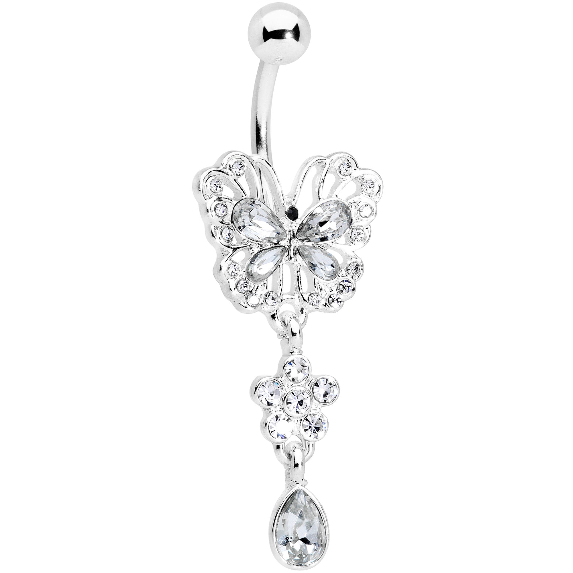 Clear Gem Lacy Butterfly Flower Drop Dangle Belly Ring