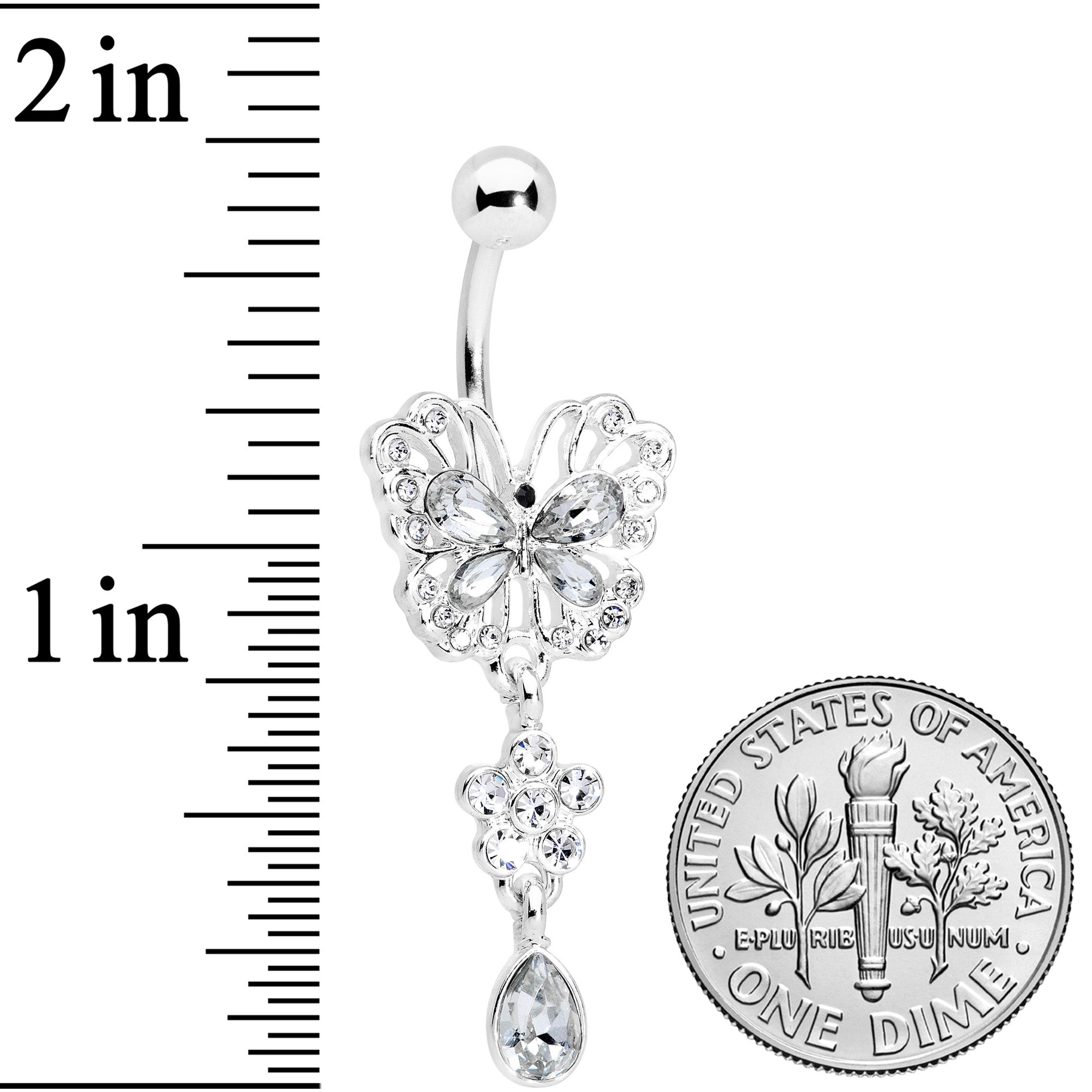 Clear Gem Lacy Butterfly Flower Drop Dangle Belly Ring