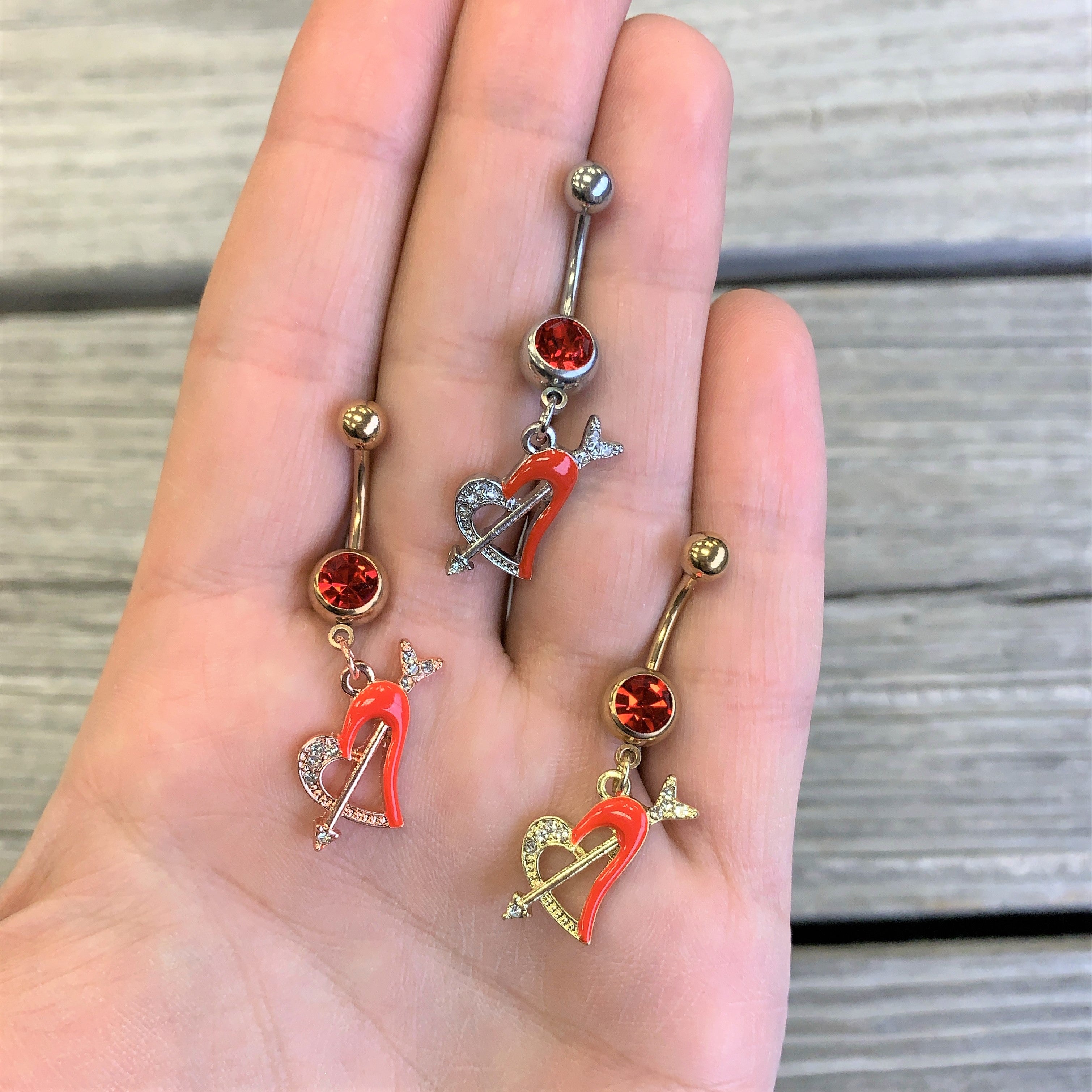 Clear Red Gem Gold Tone Valentine Heart Dangle Belly Ring