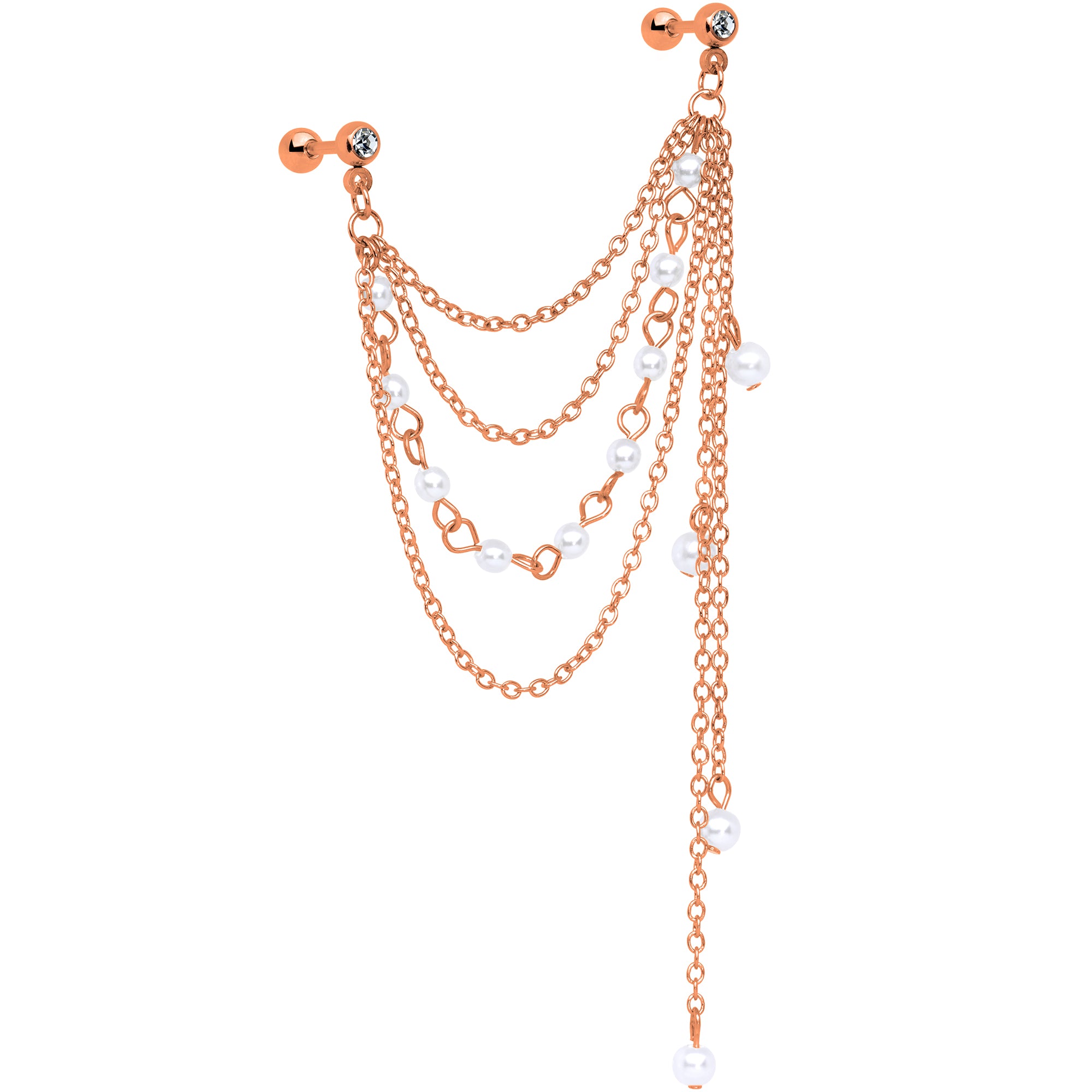 16G 1/4 Clear Gem Rose Gold Hue Dangle Cartilage Chain Earring