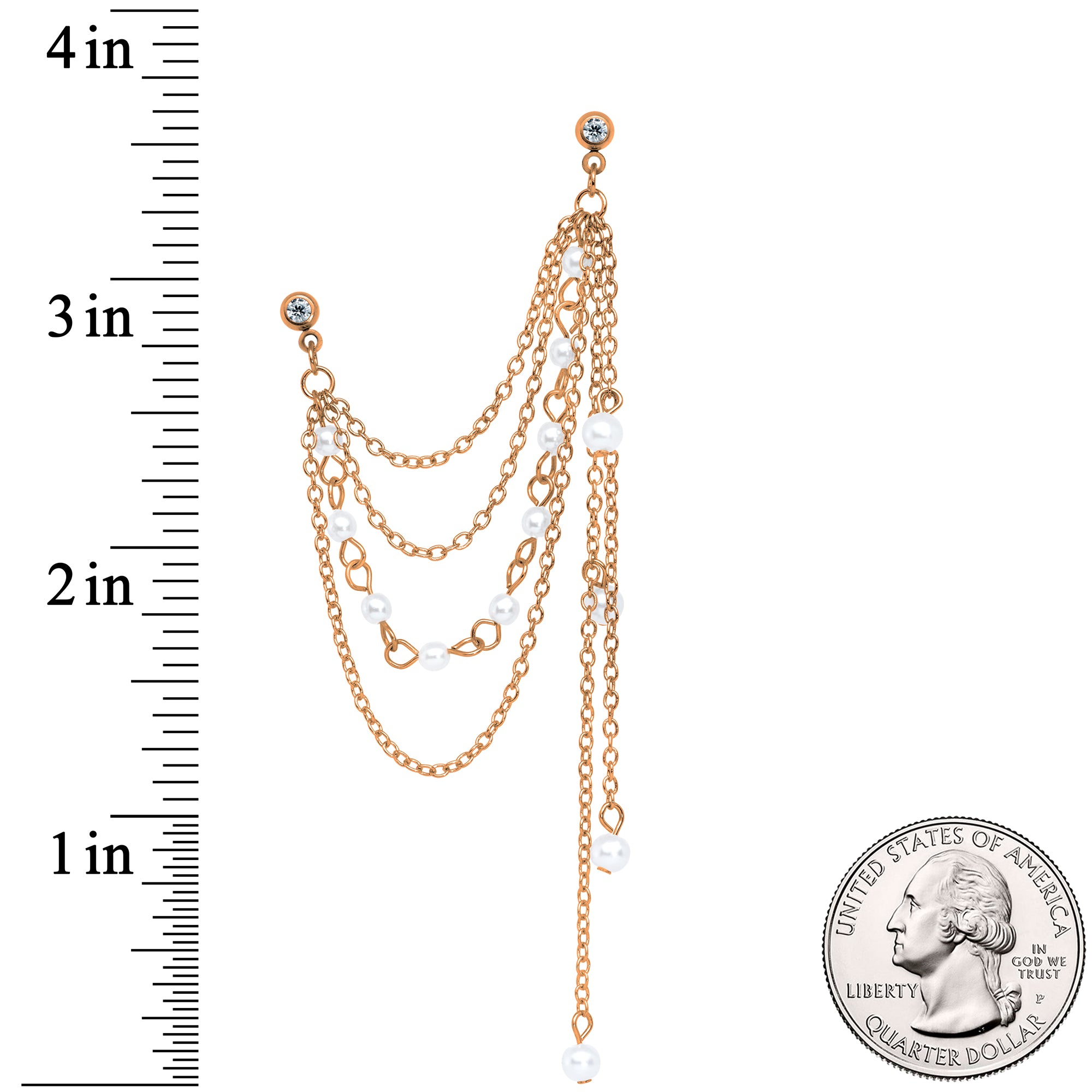 16G 1/4 Clear Gem Rose Gold Hue Dangle Cartilage Chain Earring