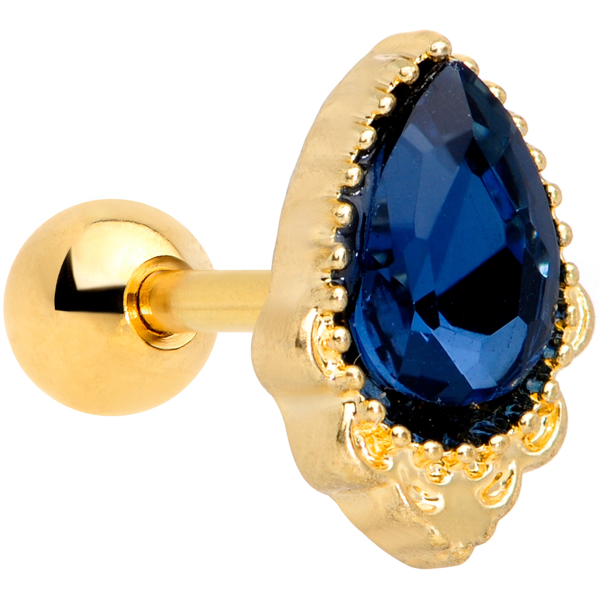 16G 1/4 Blue Gem Gold Tone Noble Drop Cartilage Tragus Earring