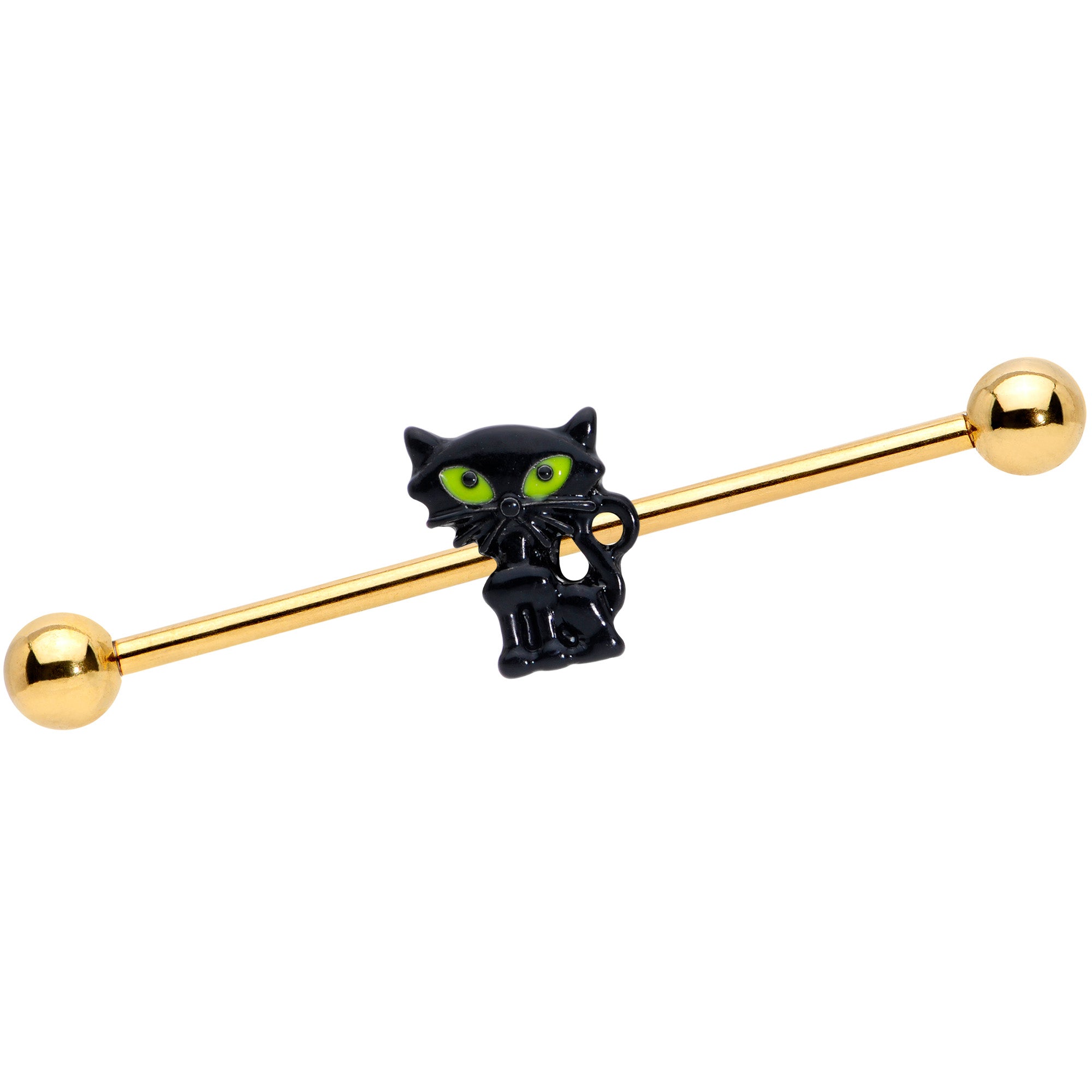 14G Gold Tone Black Cat Halloween Industrial Barbell 38mm