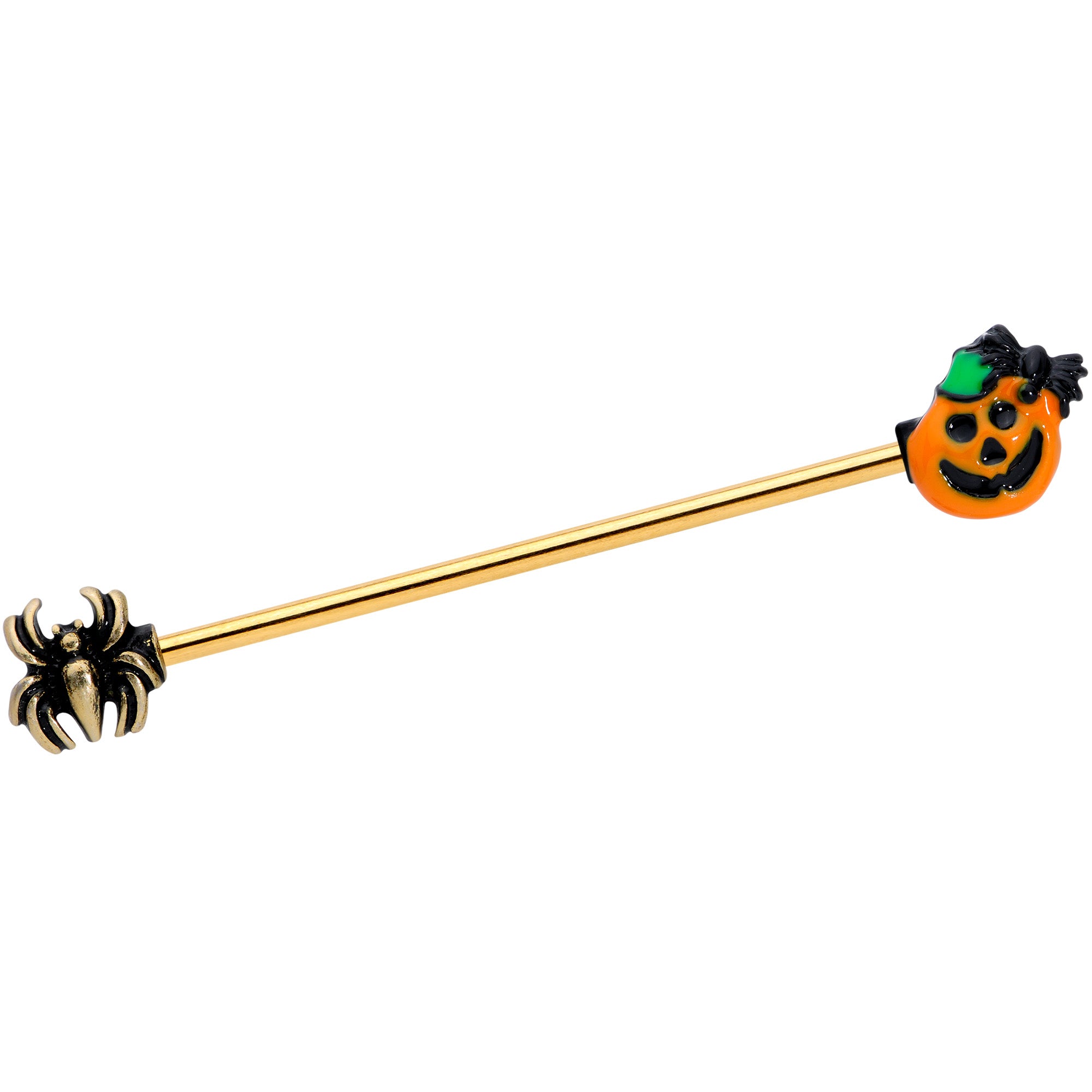 14G Gold Tone Spider Pumpkin Halloween Industrial Barbell 38mm