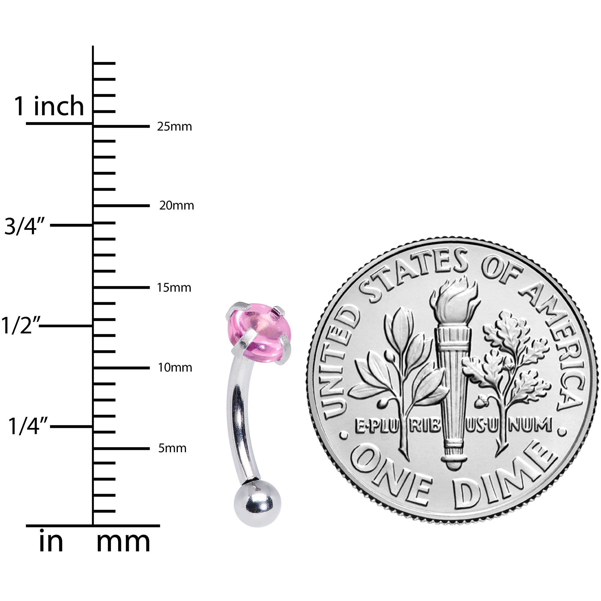 16G 5/16 Pink CZ Gem Internally Threaded Curved Eyebrow Ring