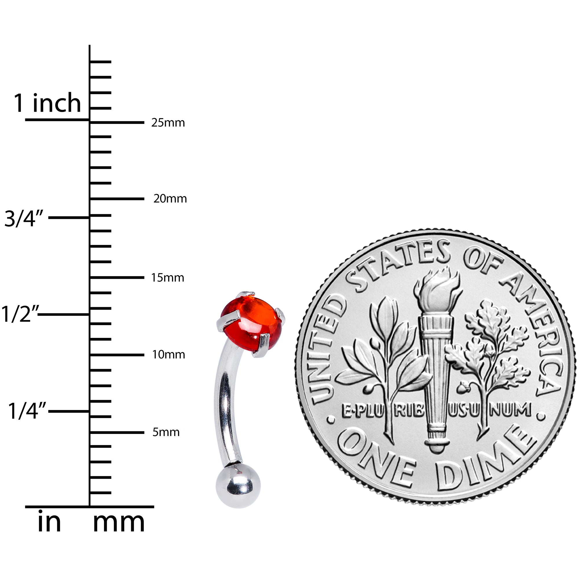 16G 5/16 Red CZ Gem Internally Threaded Curved Eyebrow Ring