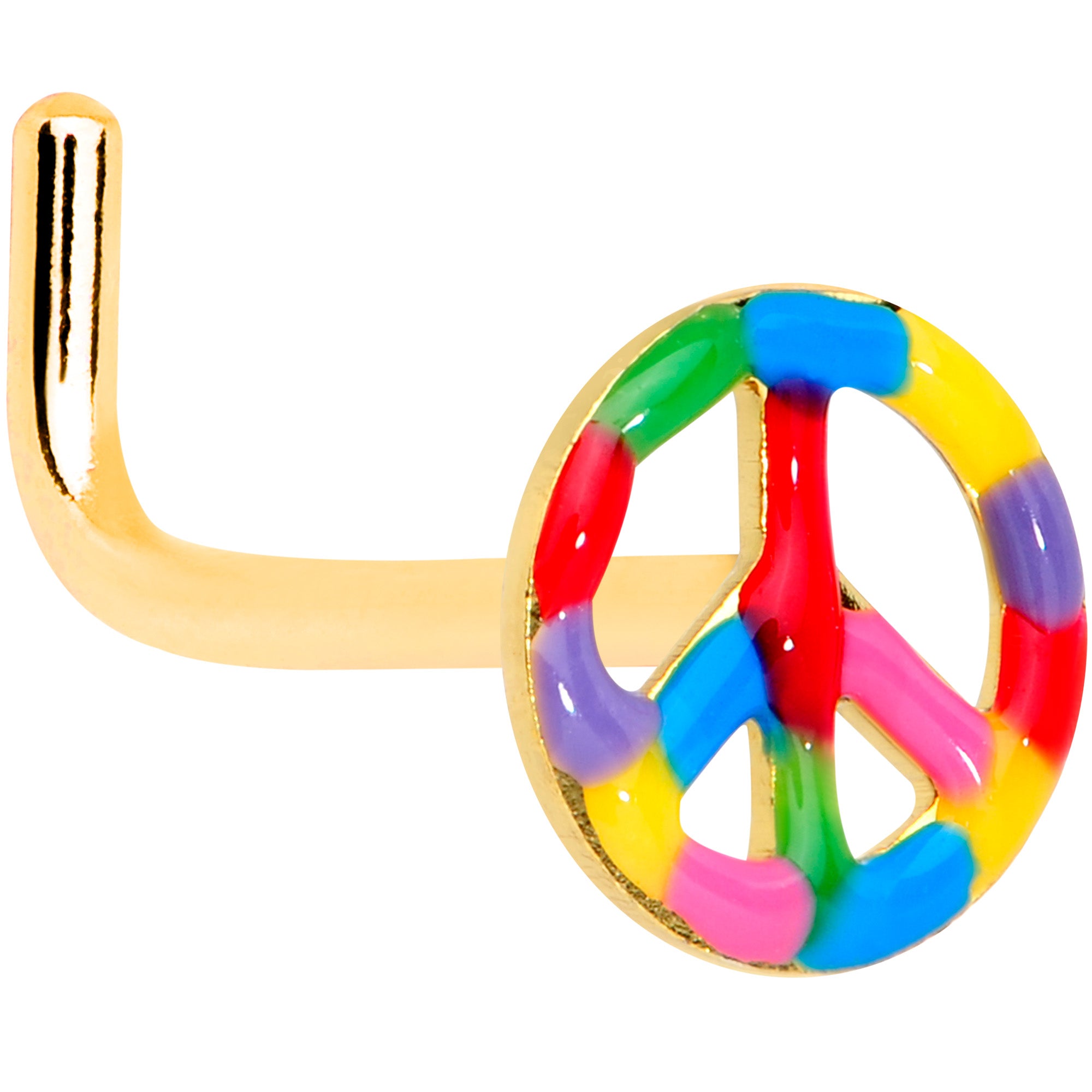 18G 5/16 Gold Tone Rainbow Hippie Peace Sign L Shaped Nose Ring
