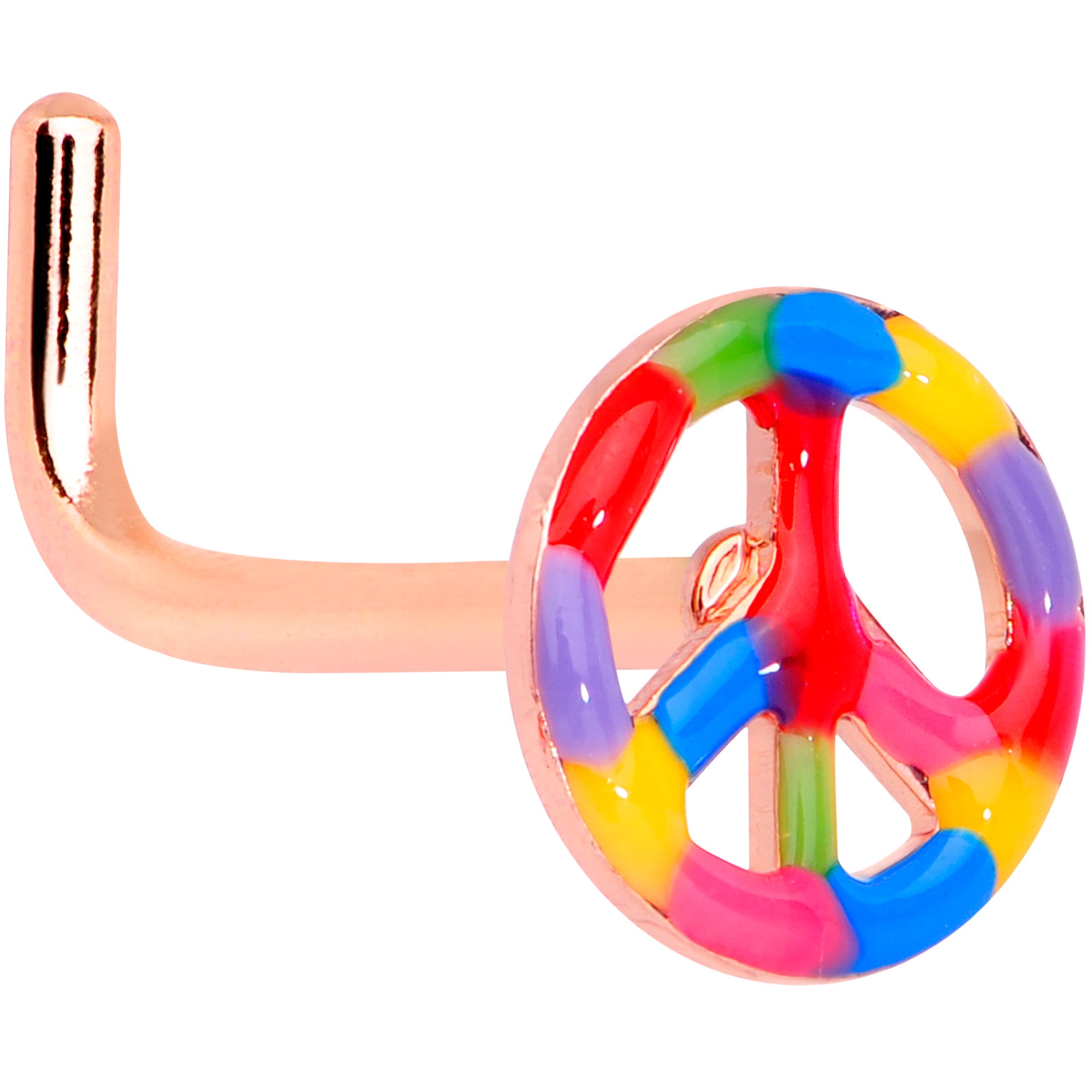 18 Gauge 5/16 Rose Gold Tone Rainbow Peace Sign L Shaped Nose Ring