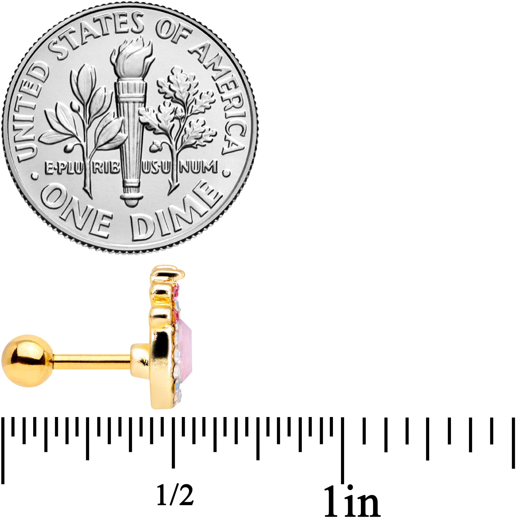 16G 1/4 Pink Gem White Faux Opal Gold Tone Cartilage Tragus