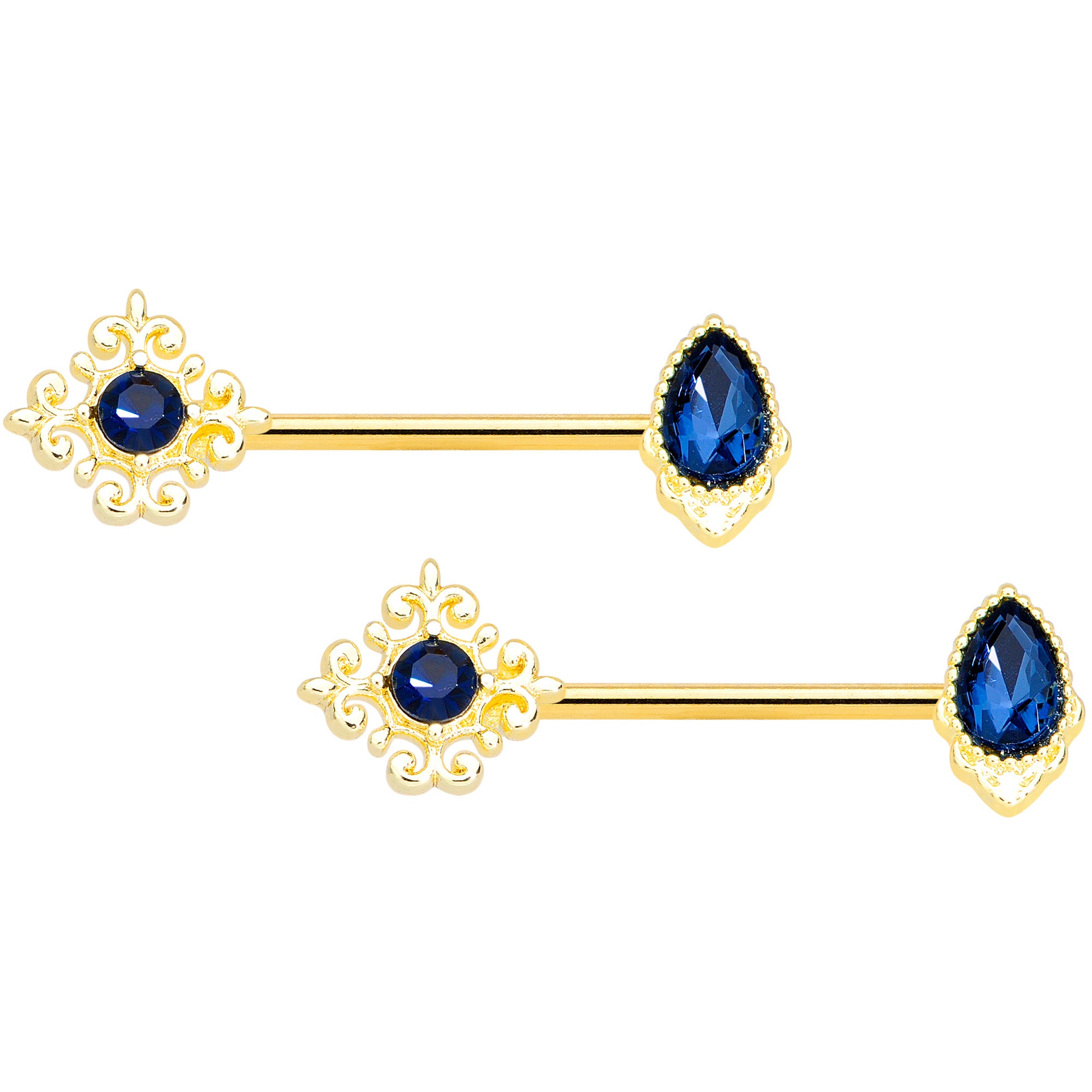 14 Gauge 9/16 Blue Gem Gold Tone Noble Barbell Nipple Ring Set