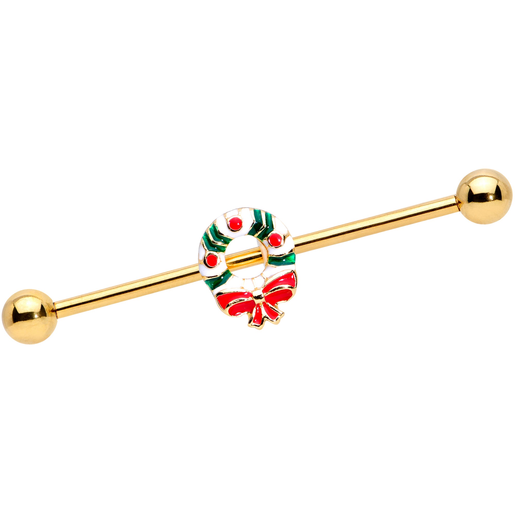 14G Gold Tone PVD Christmas Wreath Industrial Barbell 38mm