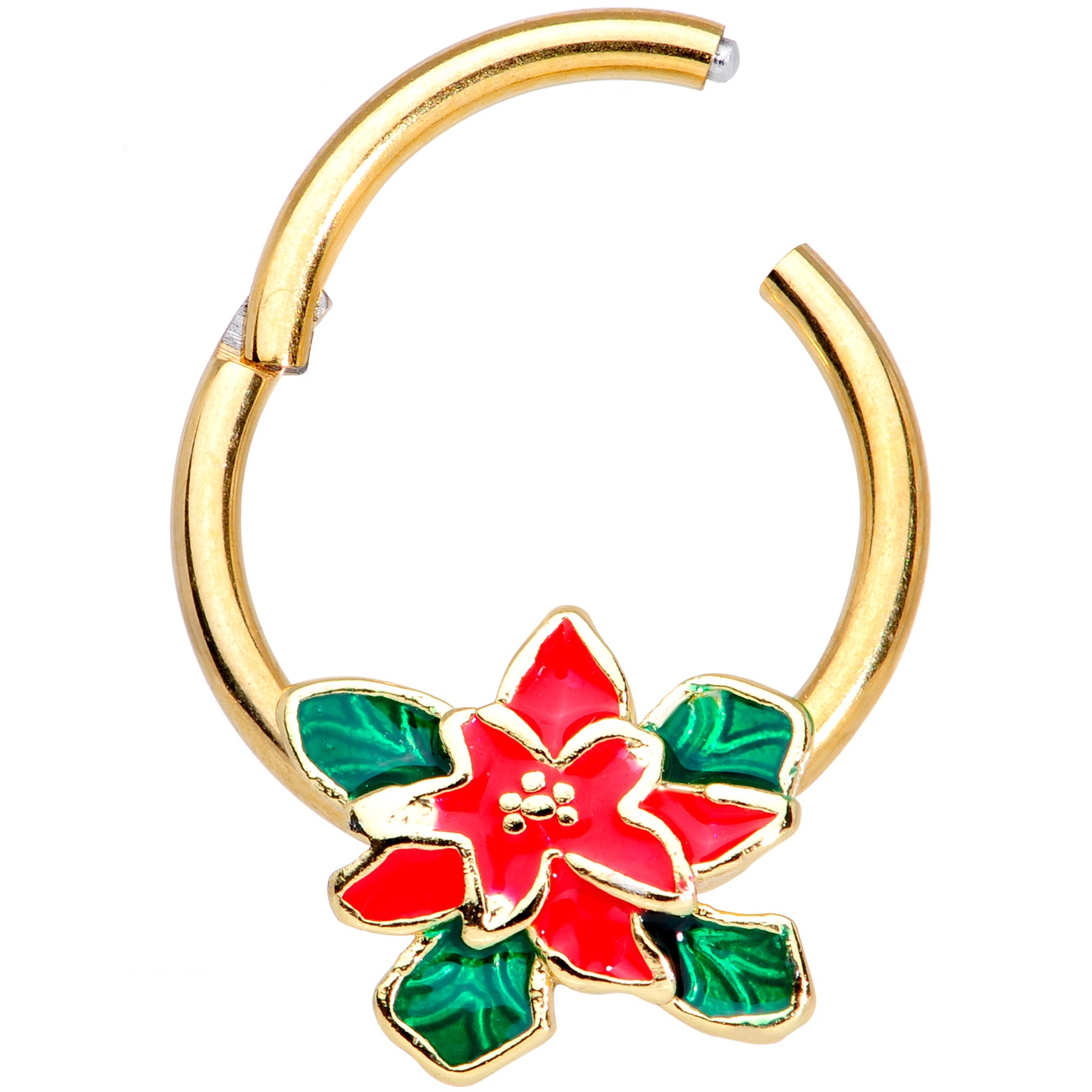 16G 3/8 Gold Tone Poinsettia Christmas Hinged Segment Ring