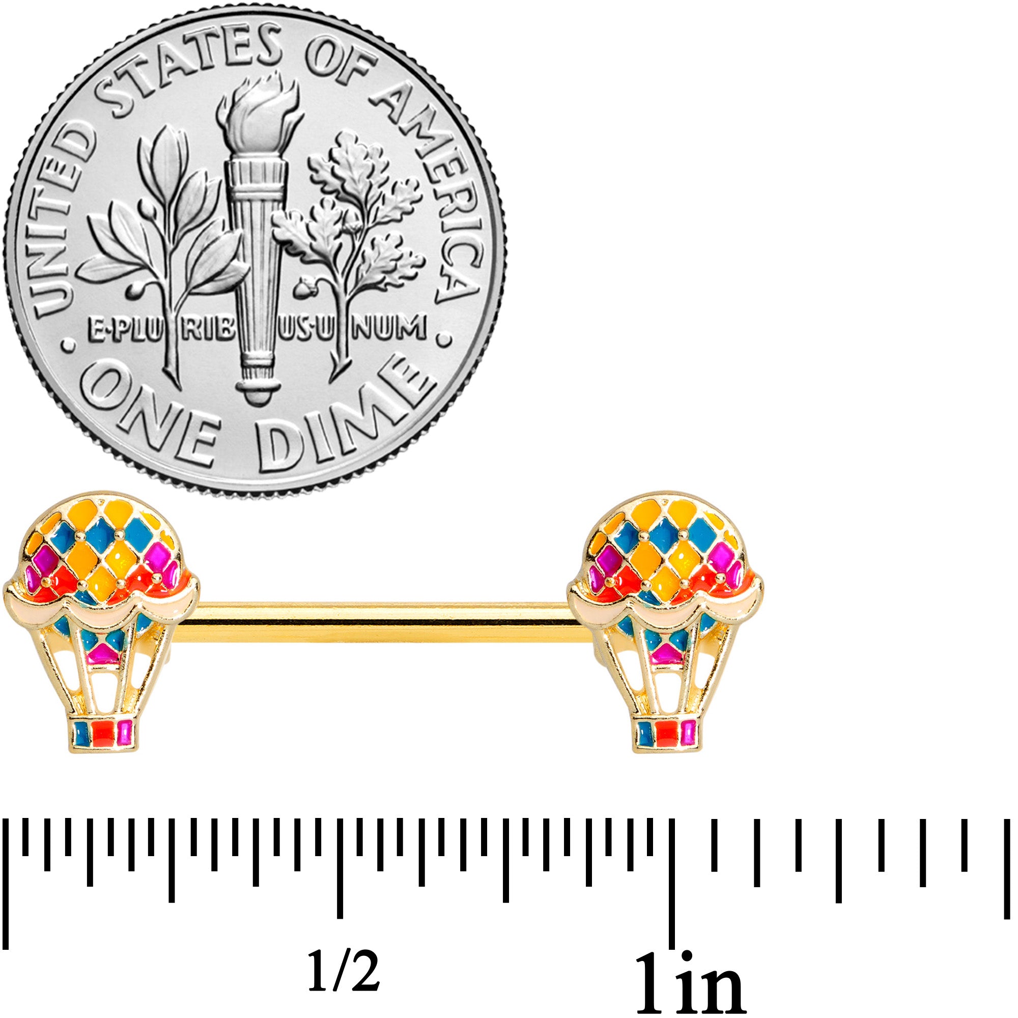 14G 9/16 Gold Tone Red Hot Air Balloon Barbell Nipple Ring Set