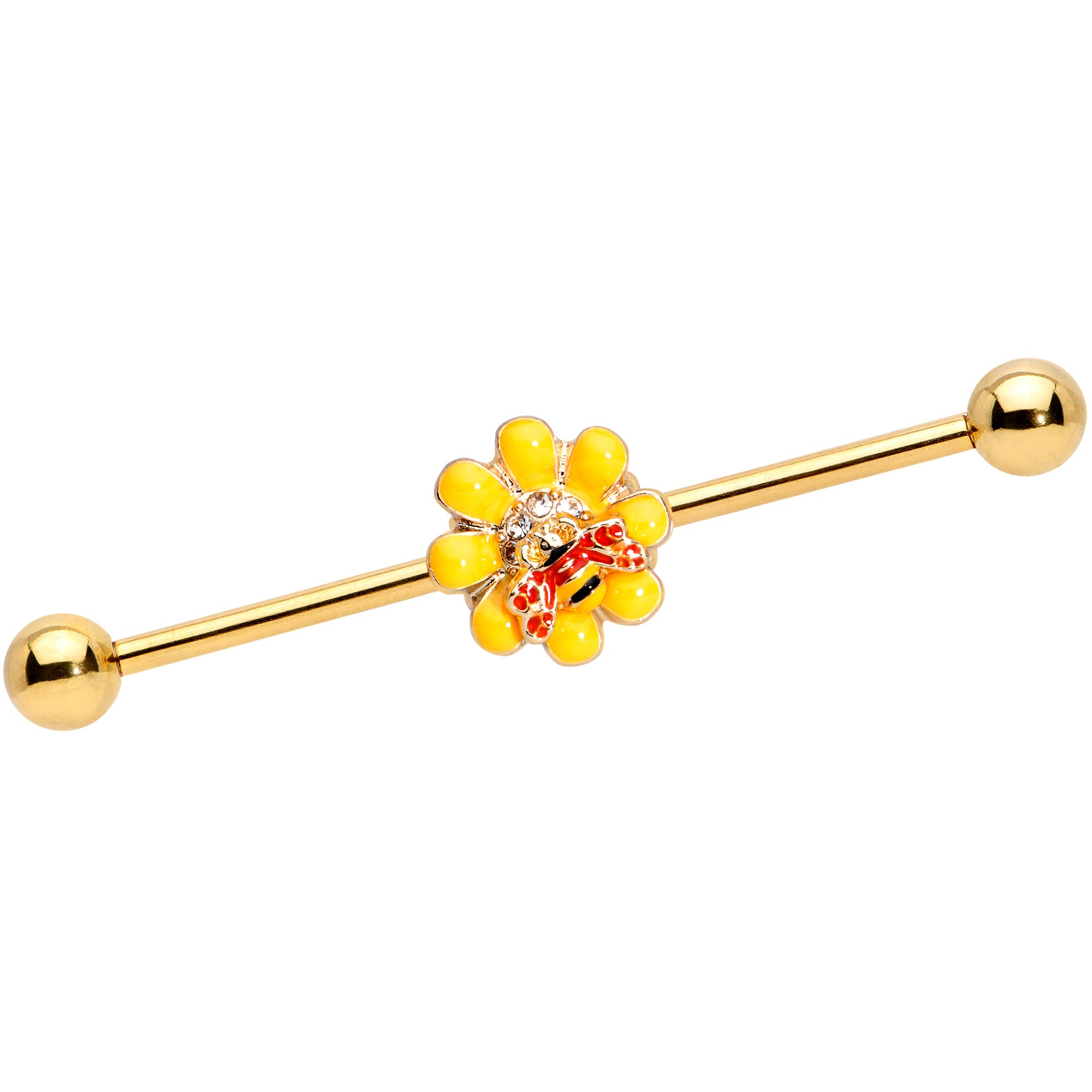 14G Clear Gem Gold Tone Yellow Bee Flower Industrial Barbell 38mm