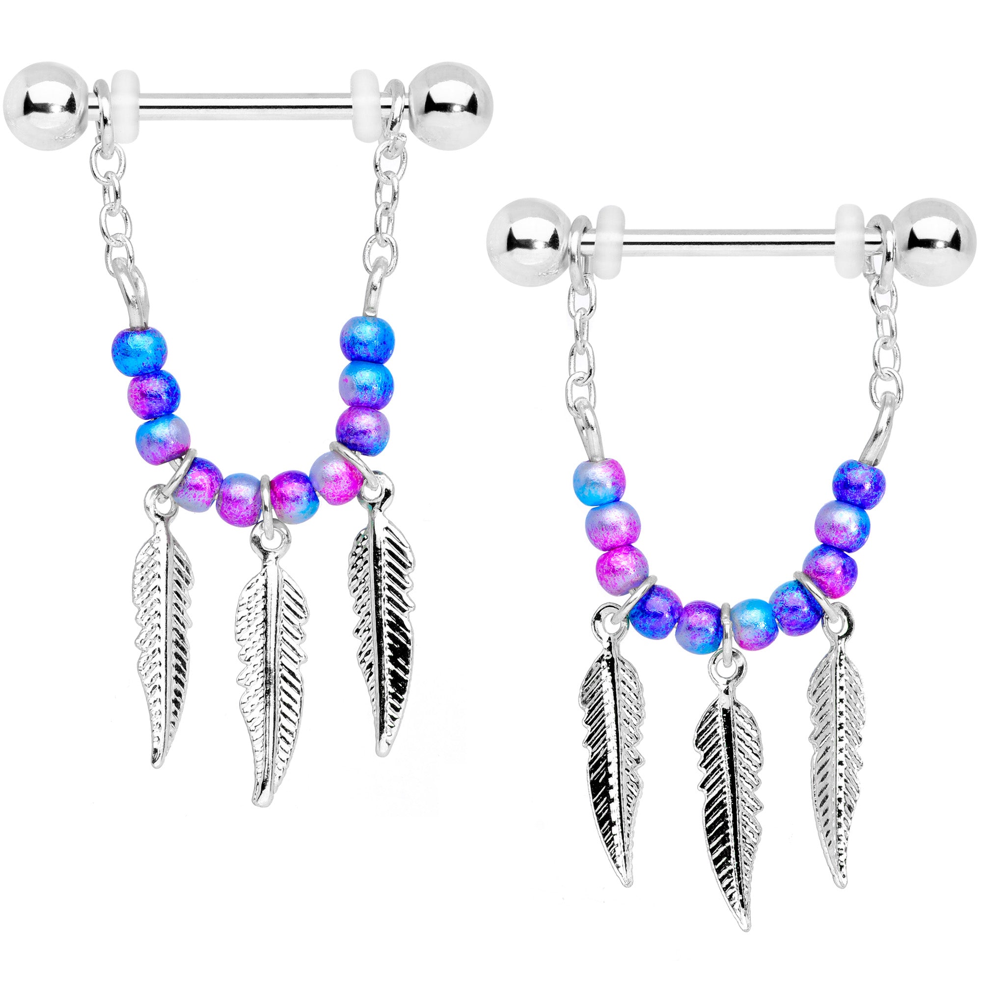 14G 1/2 Blue Purple Bead Feather Dangle Nipple Ring Set
