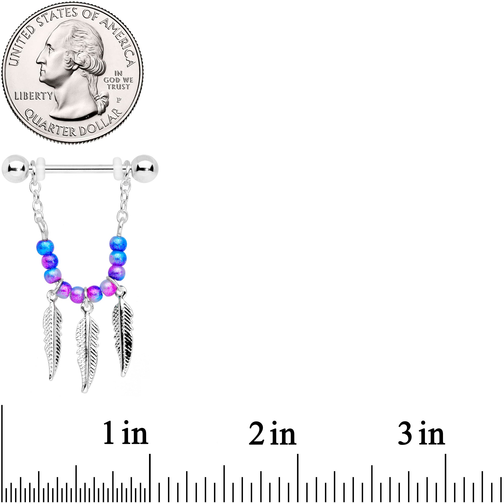 14G 1/2 Blue Purple Bead Feather Dangle Nipple Ring Set