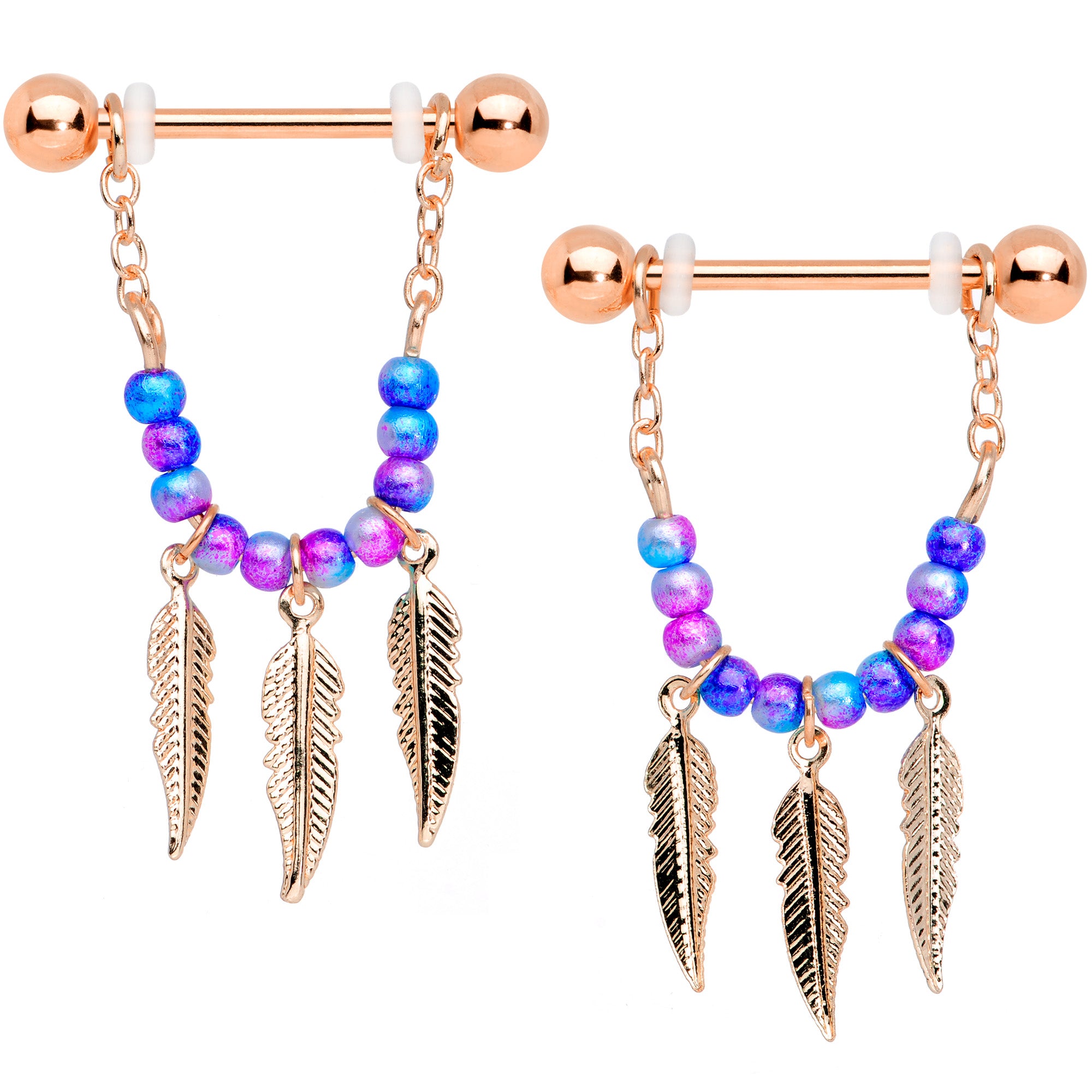 14G 1/2 Rose Gold Tone Blue Pink Bead Feather Dangle Nipple Set