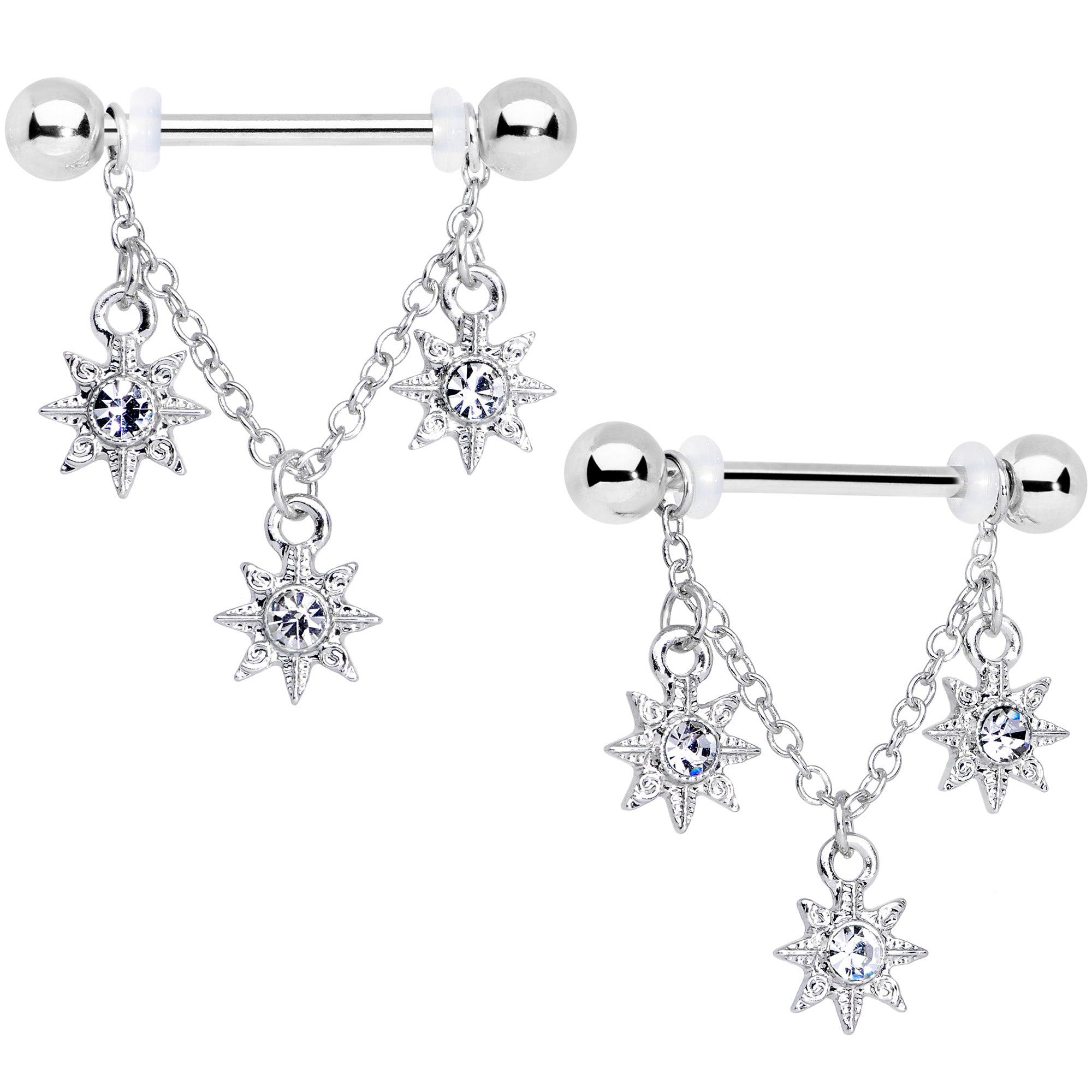 14G 1/2 Clear Gem Trio Stars Chain Dangle Nipple Ring Set