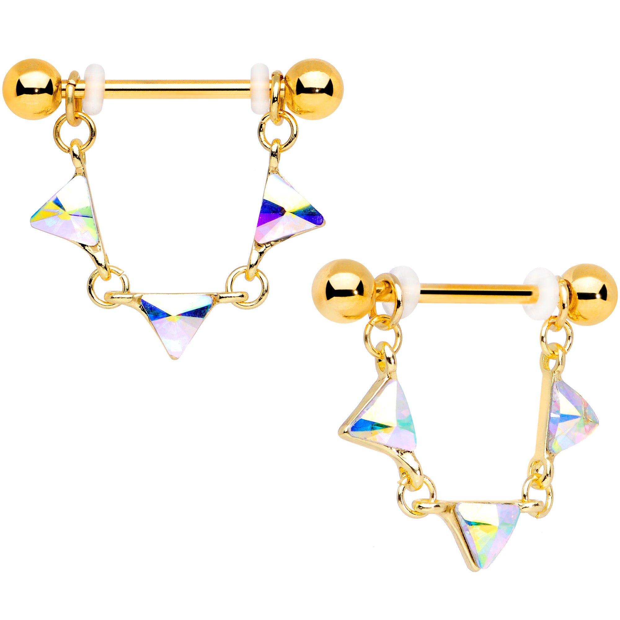 14G 3/4 Aurora Gem Gold Tone Triangle Dangle Nipple Ring Set