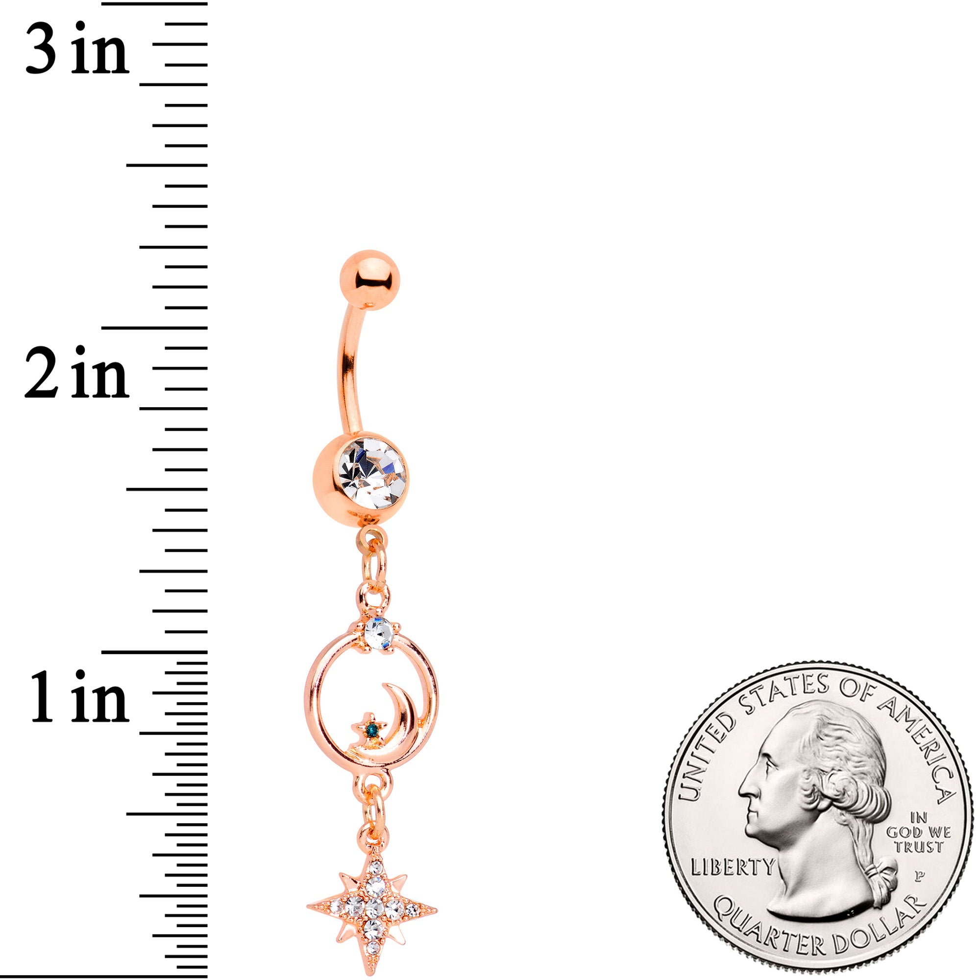 Clear Gem Rose Gold Tone Starry Moon Dangle Belly Ring