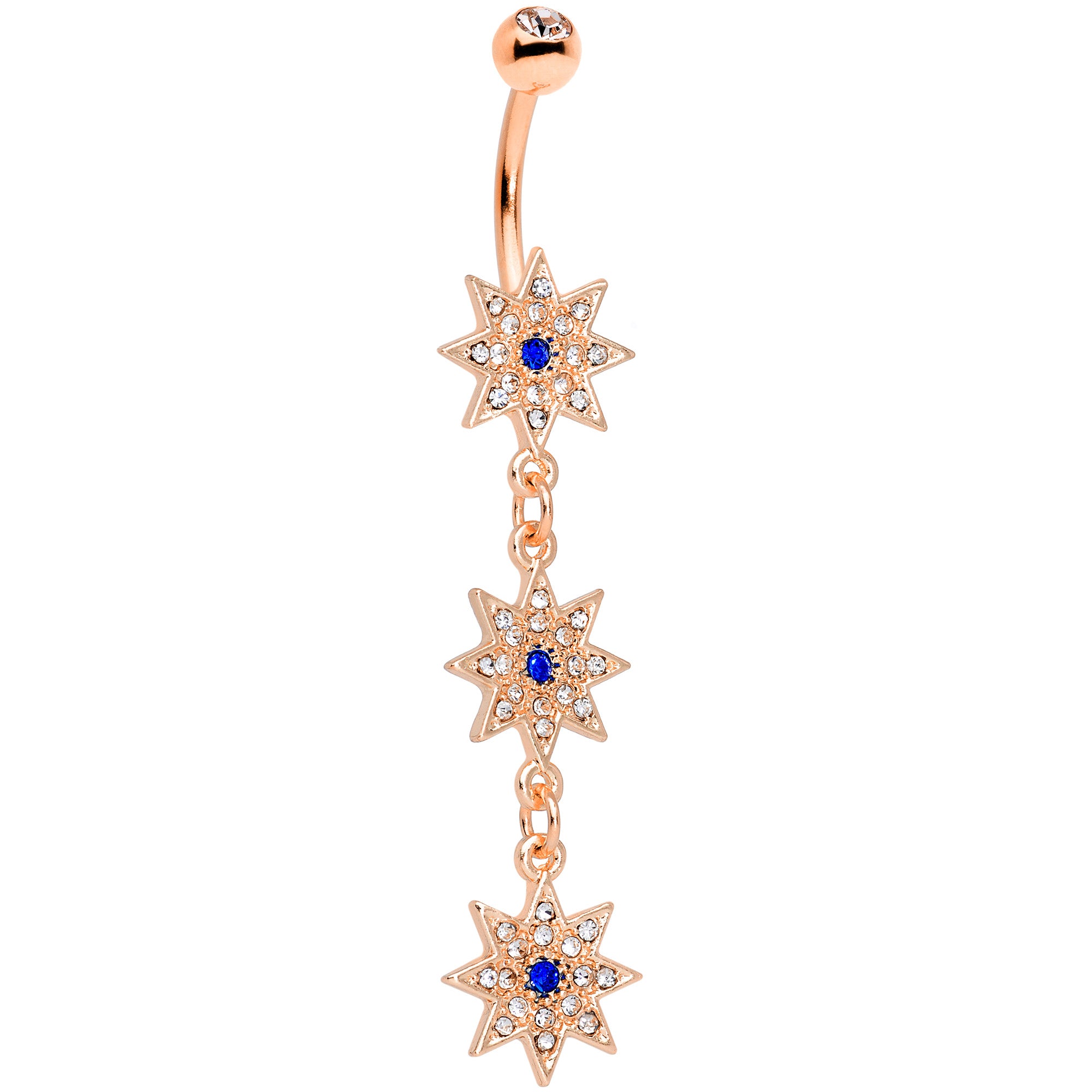 Clear Blue Gem Rose Gold Tone Triple Star Dangle Belly Ring