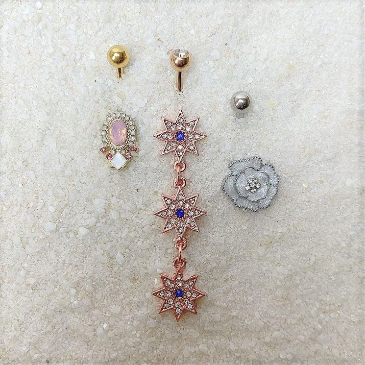 Clear Blue Gem Rose Gold Tone Triple Star Dangle Belly Ring