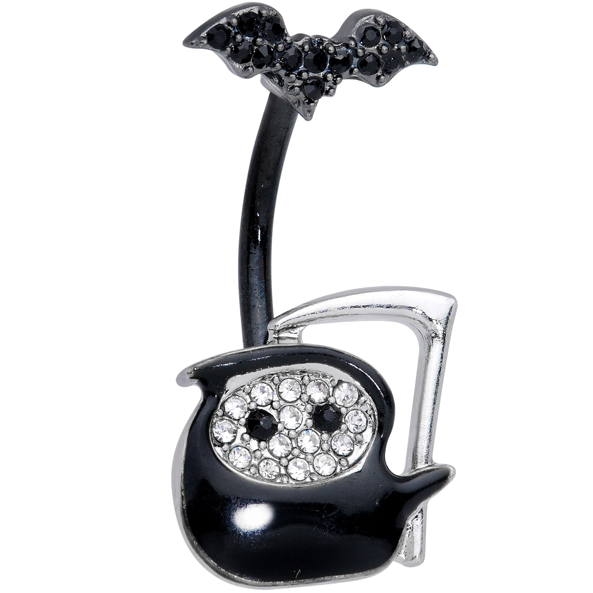 Clear Gem Black Bat Grim Reaper Halloween Double Mount Belly Ring