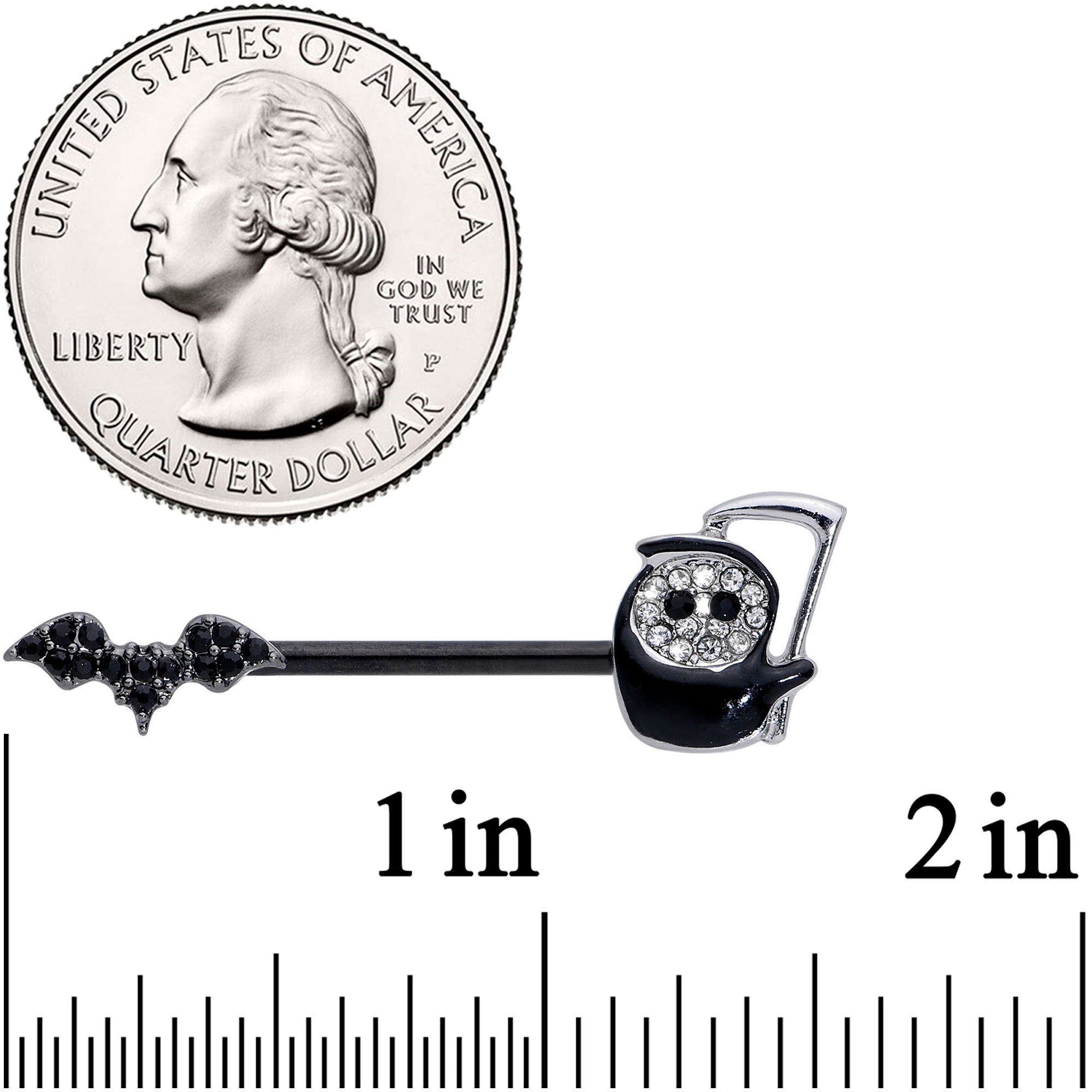 14G 9/16 Clear Black Gem Grim Reaper Bat Barbell Nipple Ring Set