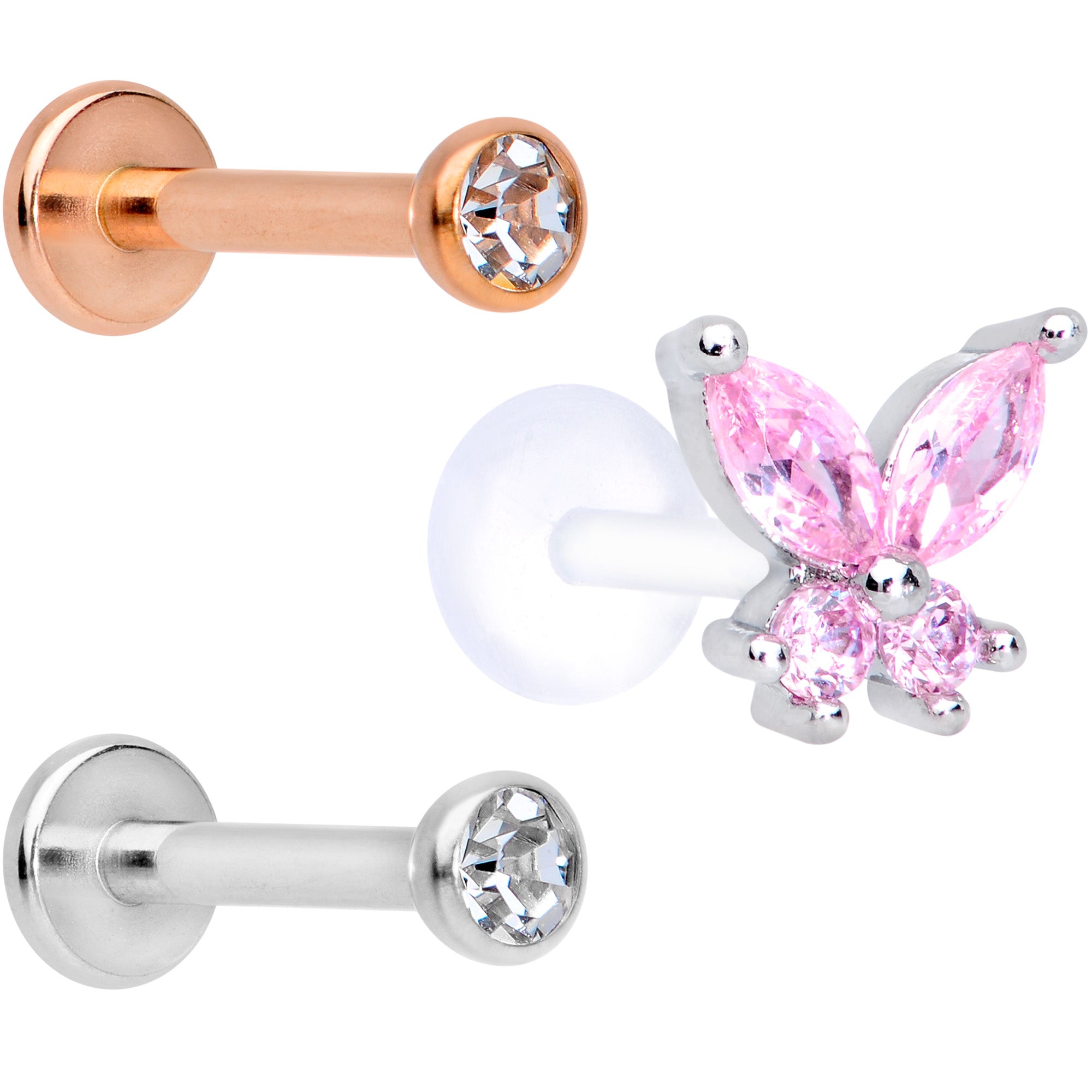 16G 5/16 Pink Clear CZ Gem Internal Thread Labret Tragus Set of 3