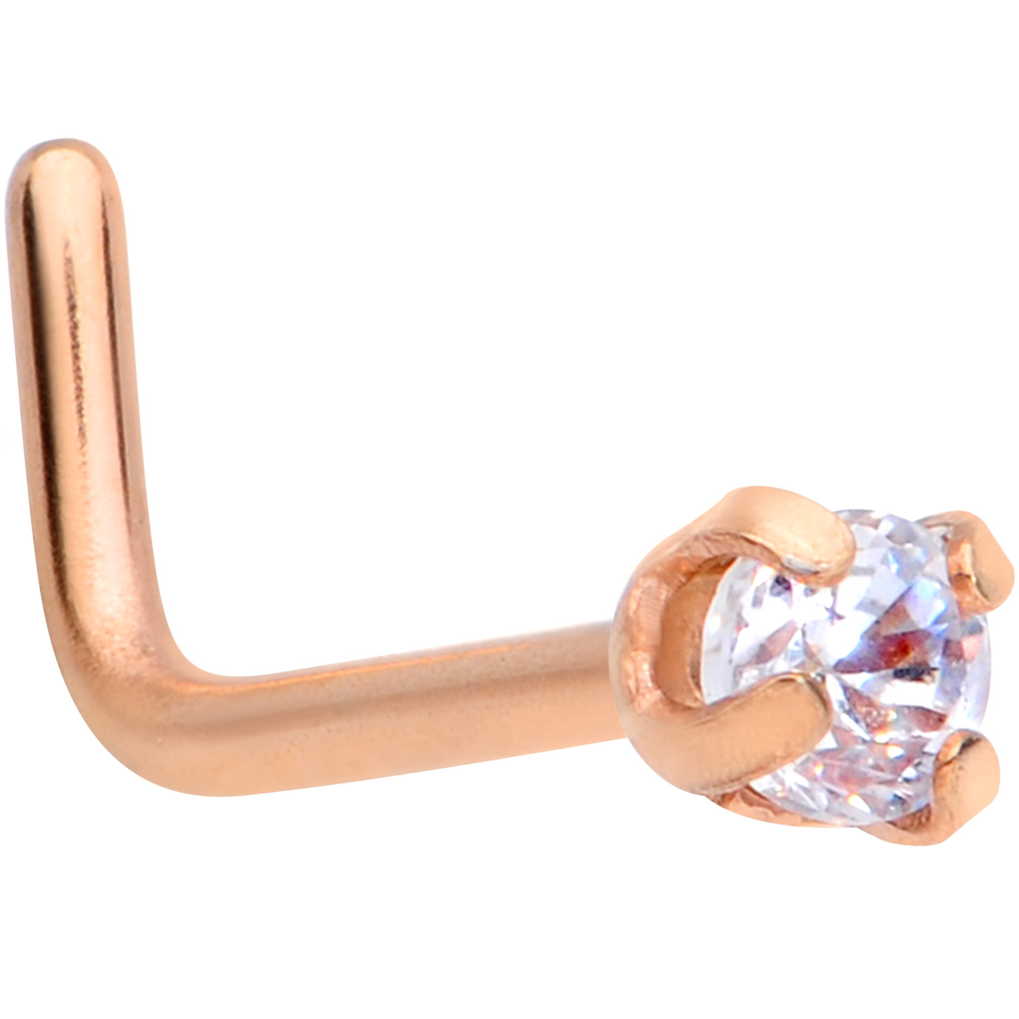 20G 1/4 Clear 2mm CZ Gem Rose Gold Tone L Shaped Nose Ring
