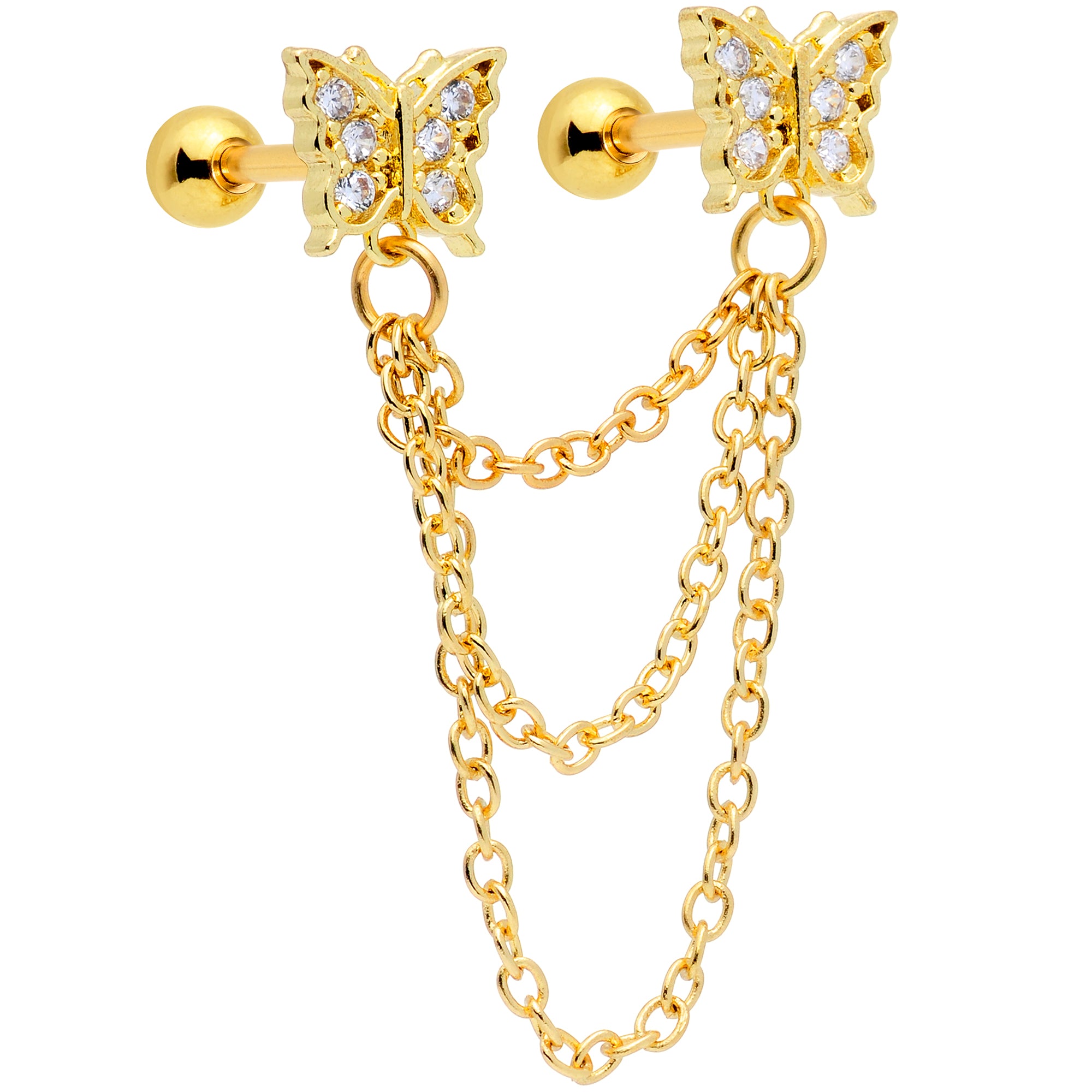 16G 1/4 Clear CZ Gem Gold Tone Butterfly Dangle Chain Earring