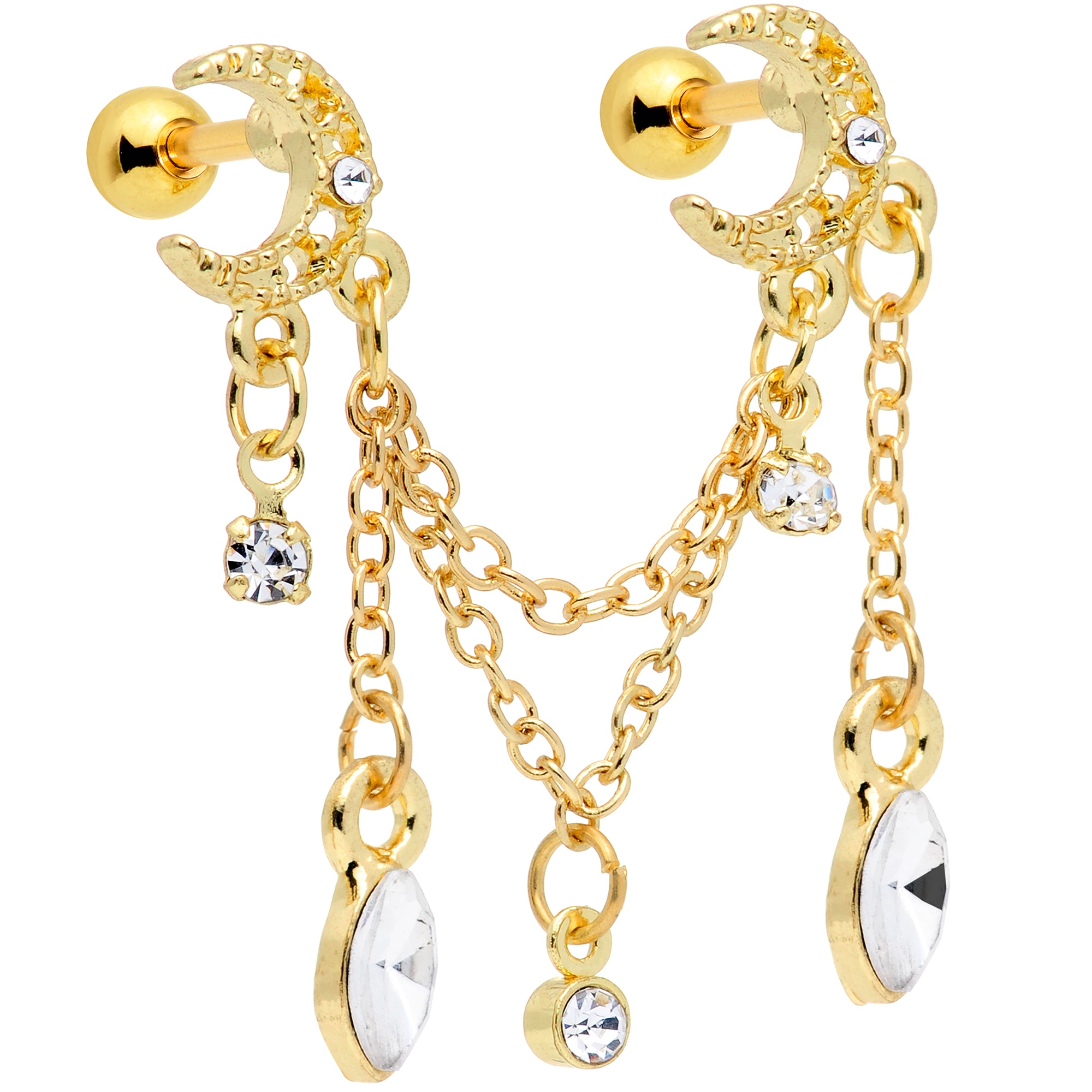 16G 1/4 Clear CZ Gem Gold Hue Moon Dangle Cartilage Chain Earring